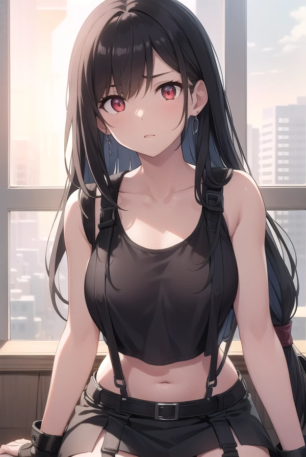 tifalockhart, <lora:tifa lockhart v2-lora-nochekaiser:1>,
tifa lockhart, black hair, long hair, (low-tied long hair:1.5), (red eyes:1.5), swept bangs, single sidelock,
BREAK arm guards, bare shoulders, black skirt, black sports bra, black thighhighs, collarbone, crop top, earrings, jewelry, midriff, navel, single earring, skirt, sports bra, suspender skirt, suspenders, tank top, teardrop earrings, thighhighs, (white tank top:1.5), zettai ryouiki,
BREAK looking at viewer, full body,
BREAK outdoors,
BREAK <lyco:GoodHands-beta2:1>, (masterpiece:1.2), best quality, high resolution, unity 8k wallpaper, (illustration:0.8), (beautiful detailed eyes:1.6), extremely detailed face, perfect lighting, extremely detailed CG, (perfect hands, perfect anatomy),