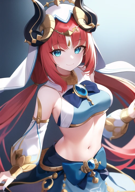<lora:nilou:0.7>,1girl, solo, long hair, breasts, looking at viewer, smile, bangs, skirt, simple background, long sleeves, white background, bow, navel, bare shoulders, twintails, jewelry, medium breasts, closed mouth, red hair, detached sleeves, horns, midriff, puffy sleeves, stomach, nail polish, aqua eyes, blue skirt, crop top, parted bangs, low twintails, blue bow, brooch, gem, veil, puffy long sleeves, blue nails, gold trim, circlet, fake horns, bracer, neck ring, blue gemstone, dancer, harem outfit