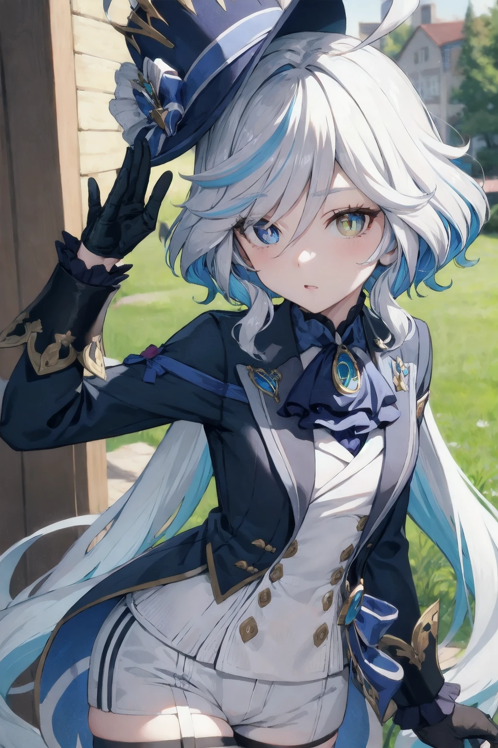 best quality, masterpiece, portrait, furina, KizukiAi, ahoge, blue eyes, white hair, blue hair, mismatched pupils, multicolored hair, streaked hair, long hair, small breasts, heterochromia,
tophat, ascot, jacket, sleeve cuffs, shorts, asymmetrical gloves, top hat, outdoors, town, looking at viewer,
<lora:Kizuki - Genshin Impact - Furina:0.9>