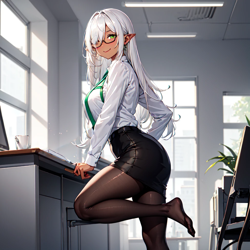 from side, blush, light smile, 1girl, <lora:Char - Succubus Gakuen - Qunqun Na Olganite v1:0.8> , qunqun_na_olganite, white hair, hair over one eye, green eyes, glasses, collared shirt, pencil skirt, black pantyhose, office, name tag, computer, desk, window, no shoes,