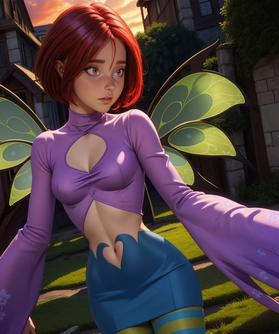 Will,short red hair,brown eyes,solo,
standing,upper body,
midriff,striped pantyhose,purple turtleneck with wide sleeves,navel,blue miniskirt,fairy wings,
outdoors,
(insanely detailed, beautiful detailed face, masterpiece, best quality) cinematic lighting,<lora:WillVandom-10W2:0.8>,