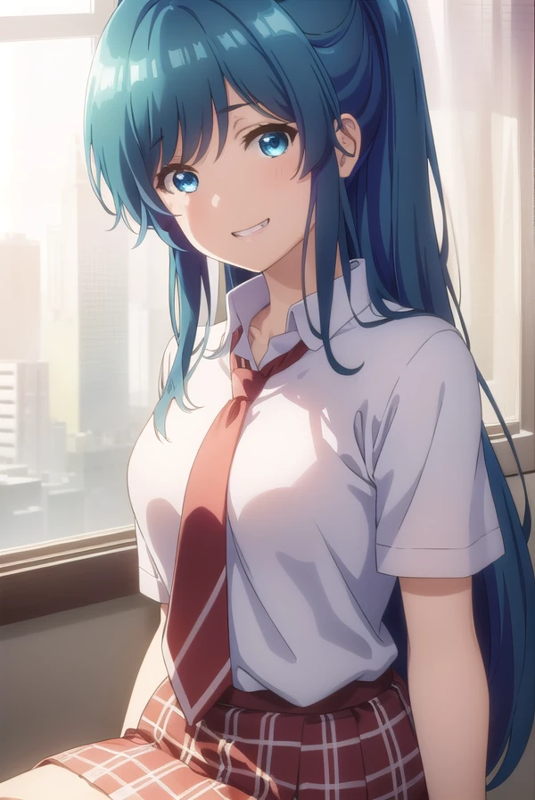 minaminanami, <lora:minami nanami s1-lora-nochekaiser:1>,
minami nanami, long hair, blue eyes, blue hair, ponytail, sidelocks, smile, grin,
BREAK skirt, shirt, school uniform, white shirt, short sleeves, necktie, plaid, plaid skirt, red necktie, brown skirt,
BREAK indoors, classroom,
BREAK looking at viewer,
BREAK <lyco:GoodHands-beta2:1>, (masterpiece:1.2), best quality, high resolution, unity 8k wallpaper, (illustration:0.8), (beautiful detailed eyes:1.6), extremely detailed face, perfect lighting, extremely detailed CG, (perfect hands, perfect anatomy),