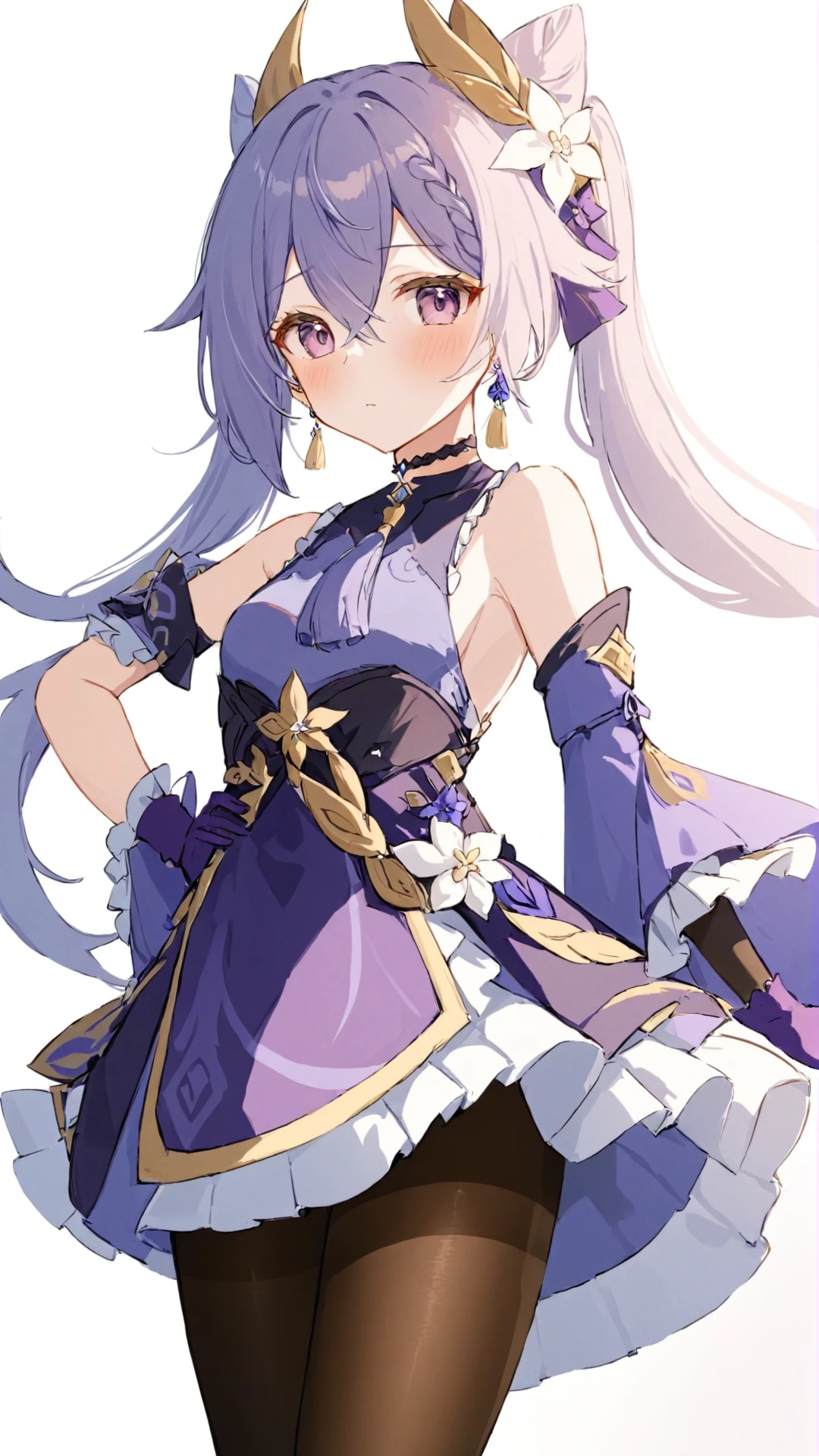 1girl, keqing \(genshin impact\), solo, breasts, gloves, looking at viewer, white background, bare shoulders, detached sleeves, hand on hip, pantyhose, neck tassel, simple background, flower, sideboob, medium breasts, blush, dress, braid, closed mouth, skirt, hair flower, cowboy shot, frills, jewelry, armpits, earrings, choker, purple gloves, frilled sleeves, black pantyhose, wide sleeves, hair between eyes, purple dress,<lora:keqing:0.8>,