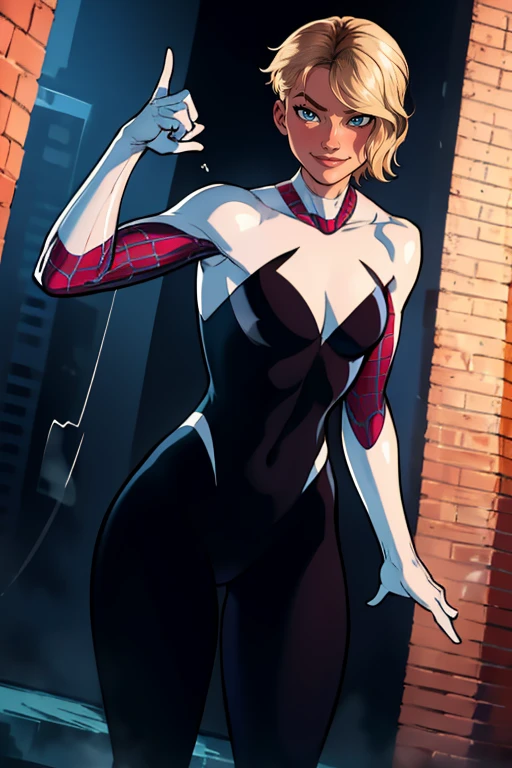 masterpiece,best quality,extreme detail,8k,image sharpness,<lora:Gwen:0.8>,gwendolyn,1girl,solo,smile,short hair,blue eyes,blonde hair,superhero,spider web sprint,standing pose,