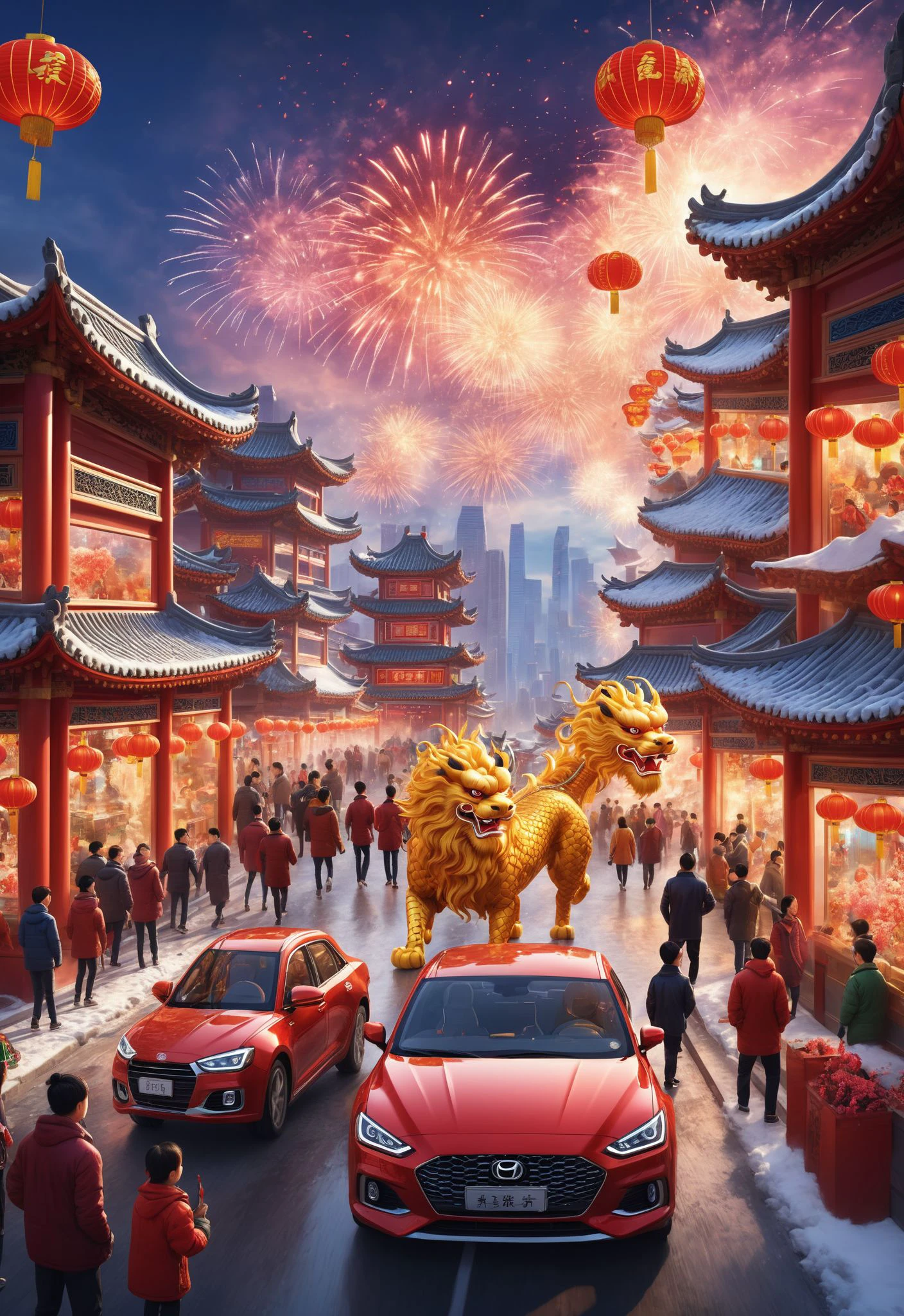 best quality,official art,8k wallpaper,highly detailed,illustration,rich detailed,xinnian\(guochao\),Spring Festival,modern city street,fireworks,sky,snow,Spring Festival, modern city streets, fireworks, sky, cars, dragon and lion dance,<lora:xinnian_v4:0.1>,