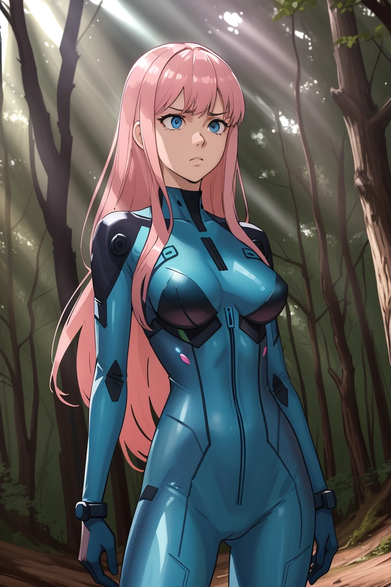 A semitransparent zerosui, Velvet bra, zerosuit, contrast, god rays, Blue eyes, pink hair, woods background, absolute intensity,