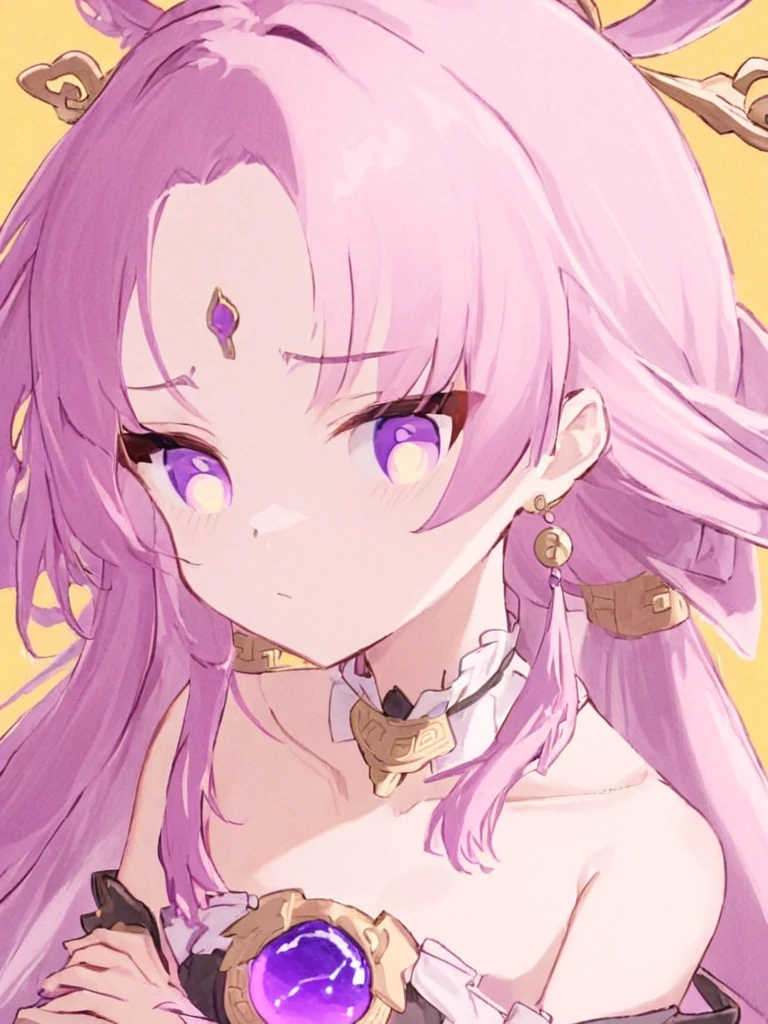 <lora:fuxuan2:1>,
1girl, solo, long_hair, crossed_arms, collarbone, bare_shoulders, closed_mouth, hair_rings, purple_eyes, upper_body, bangs, pink_hair, jewelry, purple_hair, yellow_background, earrings, dress, forehead_mark, looking_to_the_side, hair_ornament, parted_bangs, looking_away