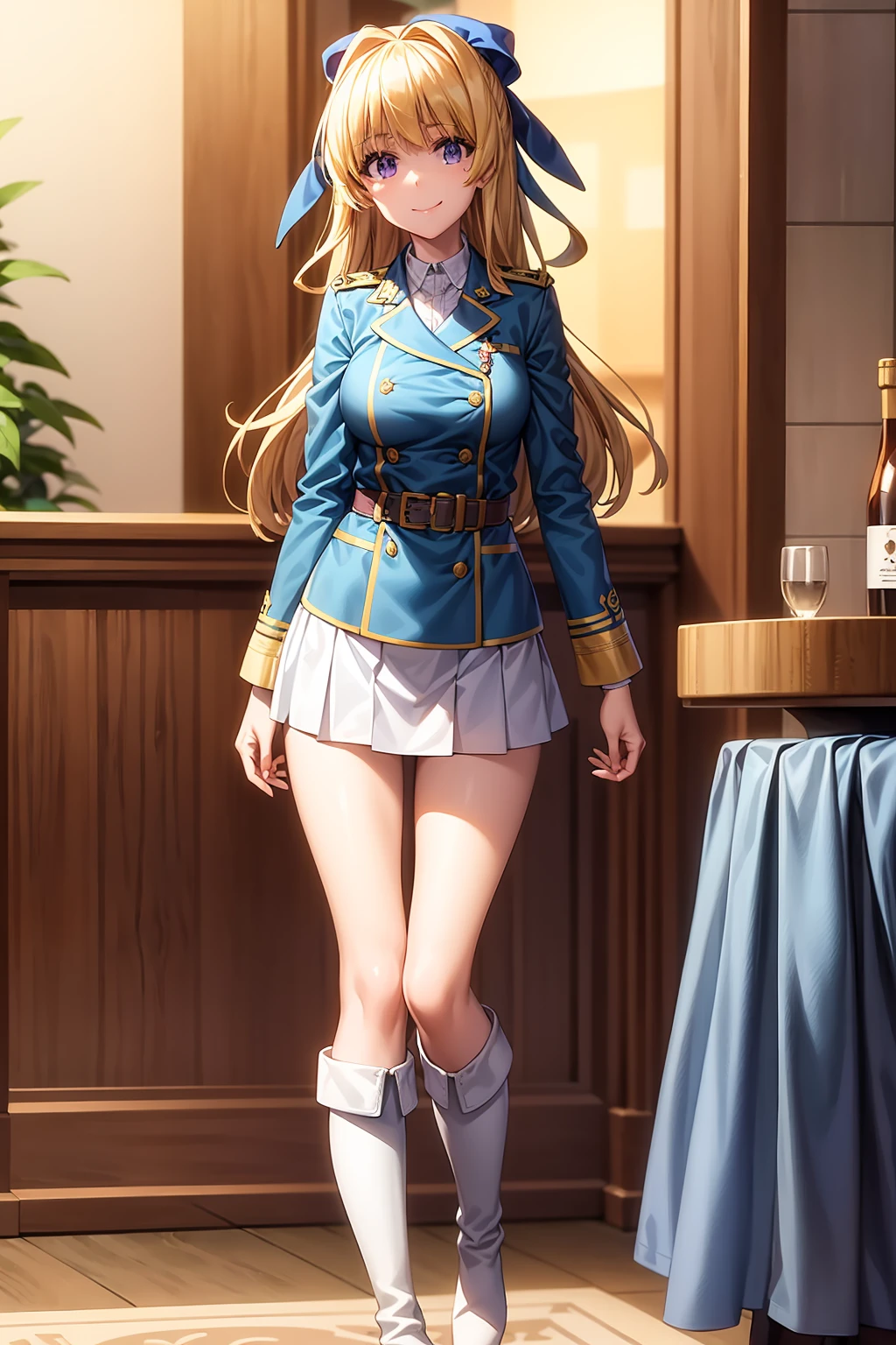 masterpiece, best quality, 1girl, solo, long hair, looking at viewer, closed mouth, smile, blonde hair, purple eyes, hair bow, night, blue bow, rista_ristarte, belt, buttons, green jacket, jacket, knee boots, long sleeves, military, military uniform, skirt, solo, standing, uniform