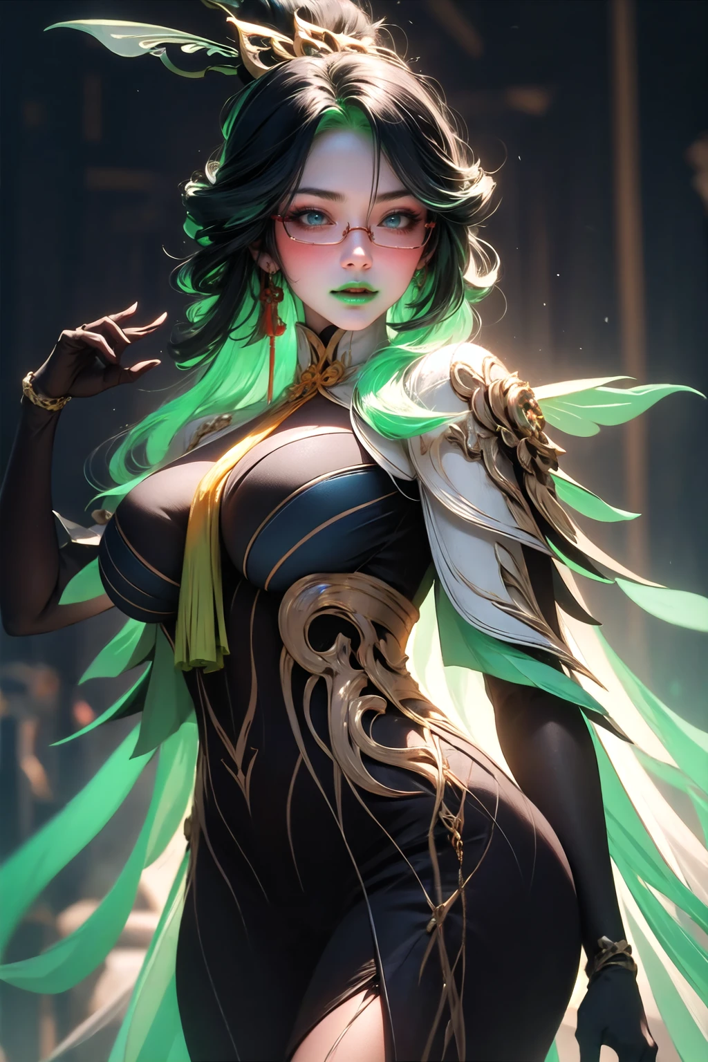 gixianyun, <lora:wrenchgixianyun:1>, 1girl, makeup, green lips, solo, light smile, pelvic curtain,