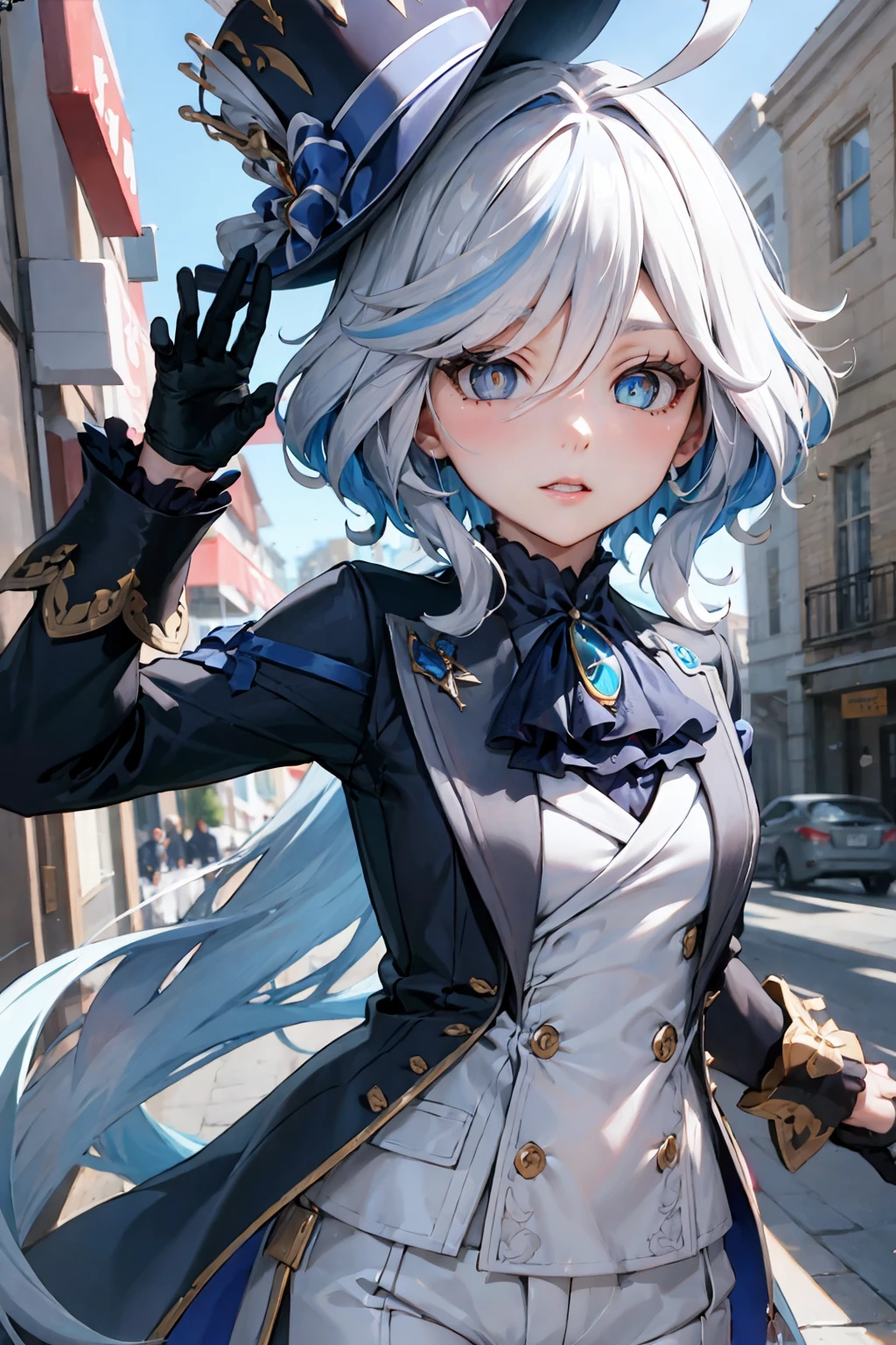 best quality, masterpiece, portrait, furina, KizukiAi, ahoge, blue eyes, white hair, blue hair, mismatched pupils, multicolored hair, streaked hair, long hair, small breasts, heterochromia, 
tophat, ascot, jacket, sleeve cuffs, shorts,  asymmetrical gloves, top hat,  outdoors, town, looking at viewer,
 <lora:Kizuki - Genshin Impact - Furina:0.9>