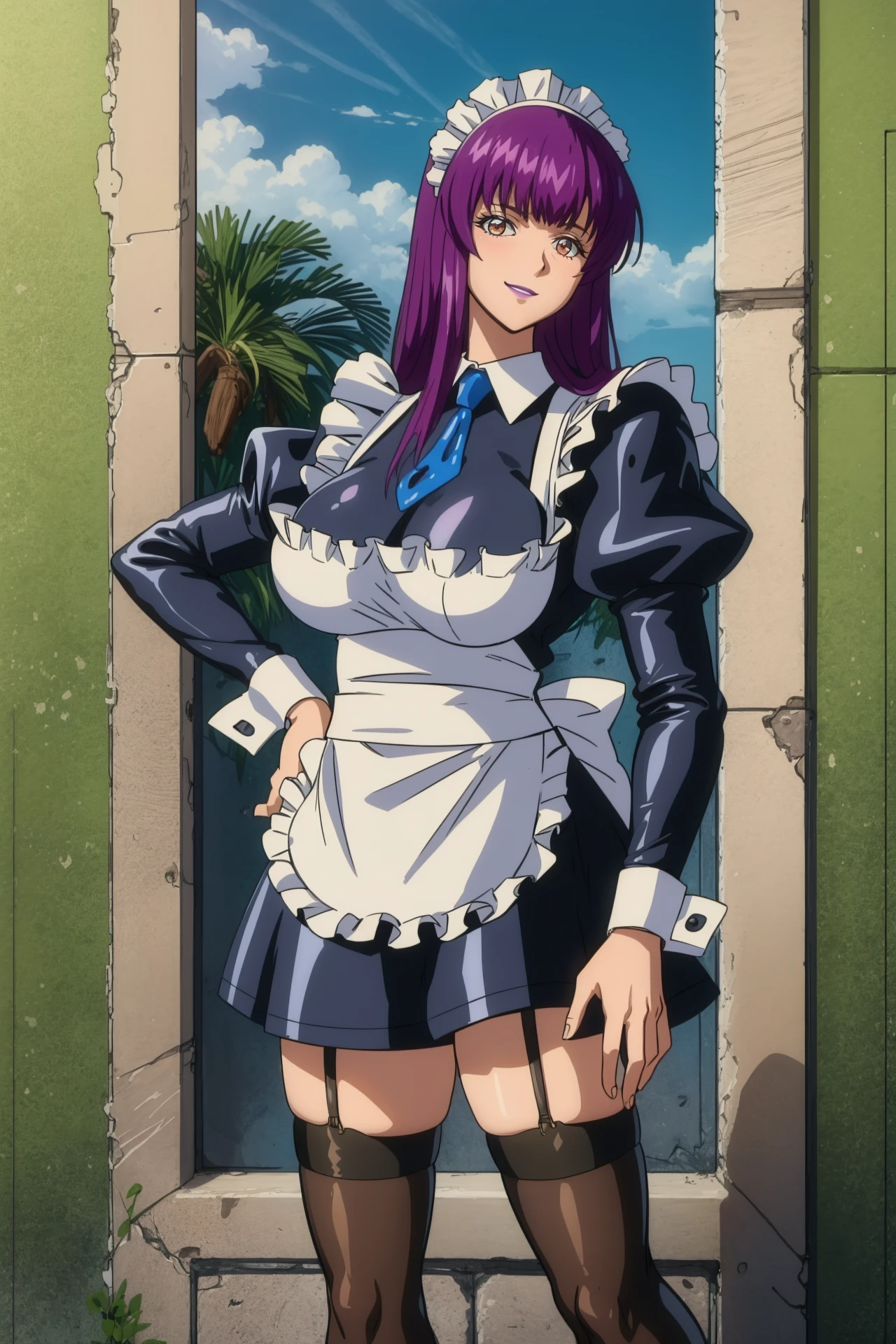 <lora:HibinoYayoi:1> hibinoyayoi, (best quality, high quality:1.2), cinematic lighting, extremely detailed, vivid colors,
1girl, solo, purple hair, long hair, brown eyes, large breasts, light smile,
upper body, portrait, looking at viewer,
maid, maid headdress, maid apron, latex skirt, latex shirt, puffy sleeves, long sleeves, cuffs, thighhighs, boots,
garden, outdoors, tree, palm tree, sky, cloud,
