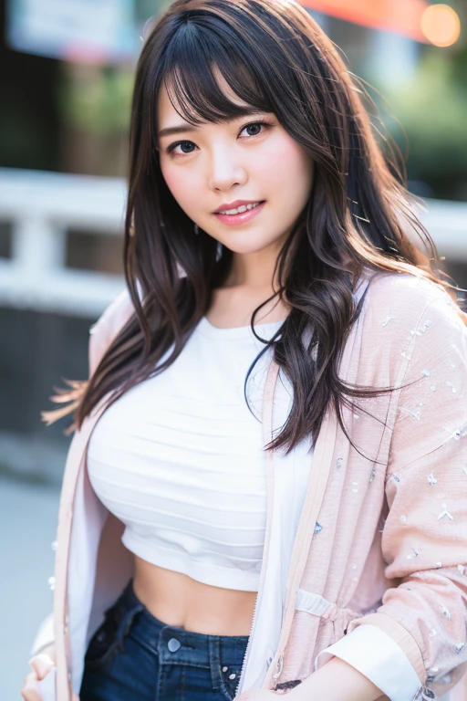 1girl, (wearing a cropped top and parka:1.2),(RAW photo, best quality), (realistic, photo-realistic:1.4), masterpiece, an extremely delicate and beautiful, extremely detailed, 2k wallpaper, Amazing, finely detail, extremely detailed CG unity 8k wallpaper, ultra-detailed, highres, soft light, beautiful detailed girl, extremely detailed eyes and face, beautiful detailed nose, beautiful detailed eyes,cinematic lighting,(in the city:2.2),perfect anatomy,(slender body:1.0),(close up face:2.4),(gentle laugh,Friendly , warm:2.0),(looking at viewer:2.2),(young japanese idol:1.8),(wavy long hair:1.8), (brown eyes:1.8),(walking:2.0),  (hands in pockets:1.8),(cleavage:1.6), <lora:asakuramomo_lora-10:0.8>