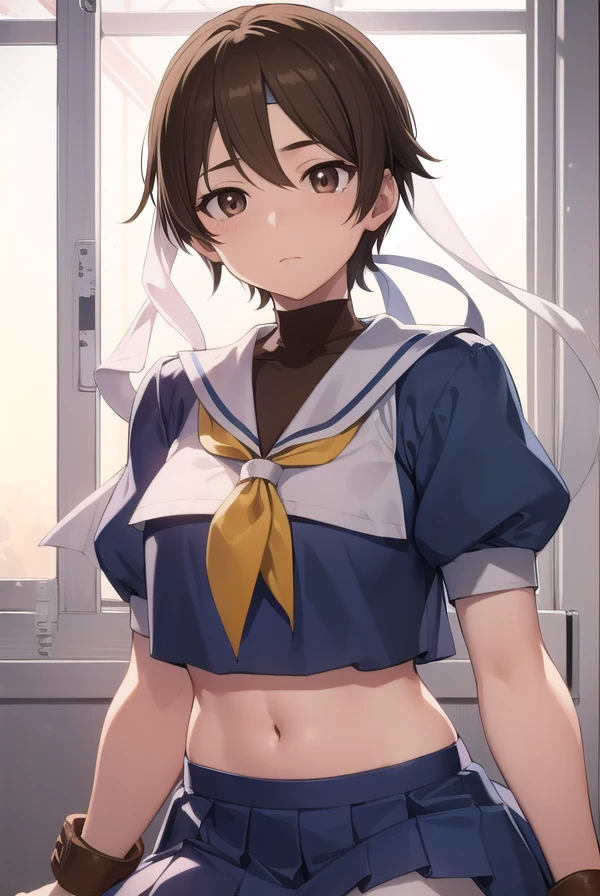 sakurakasugano, <lora:sakura kasugano v2-lora-nochekaiser:1>,
sakura kasugano, (brown eyes:1.7), brown hair, short hair,
BREAK ankle socks, blue skirt, crop top, headband, midriff, miniskirt, navel, sailor collar, school uniform, shoes, short sleeves, skirt, sneakers, socks, stomach, shirt, white shirt, white headband, gloves, red gloves,
BREAK indoors, classroom,
BREAK cowboy shot, looking at viewer,
BREAK <lyco:GoodHands-beta2:1>, (masterpiece:1.2), best quality, high resolution, unity 8k wallpaper, (illustration:0.8), (beautiful detailed eyes:1.6), extremely detailed face, perfect lighting, extremely detailed CG, (perfect hands, perfect anatomy),