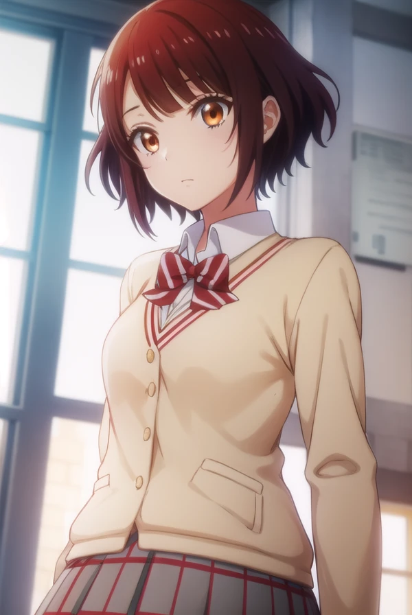 miyabiitou, <lora:miyabi itou s1-lora-nochekaiser:1>,
miyabi itou, short hair, brown hair, (brown eyes:1.3),
BREAK skirt, bow, school uniform, jacket, pleated skirt, plaid, plaid skirt, blazer,
BREAK indoors, classroom,
BREAK looking at viewer,
BREAK <lyco:GoodHands-beta2:1>, (masterpiece:1.2), best quality, high resolution, unity 8k wallpaper, (illustration:0.8), (beautiful detailed eyes:1.6), extremely detailed face, perfect lighting, extremely detailed CG, (perfect hands, perfect anatomy),