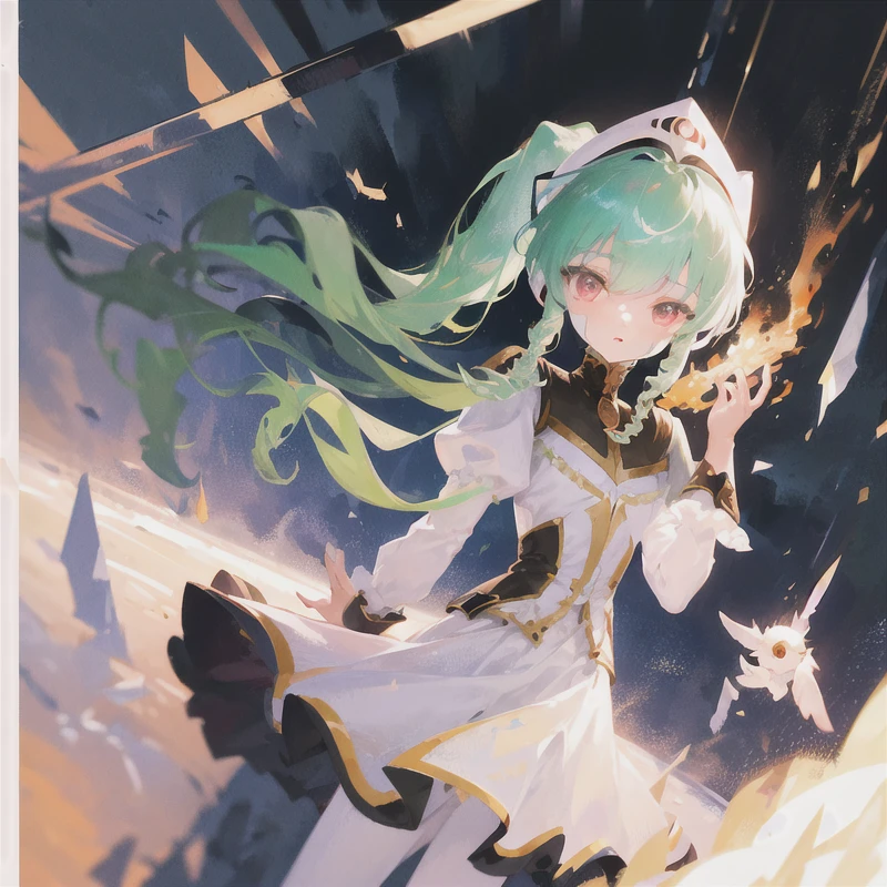 1girl, solo, masterpiece, best quality, illustration, absurdres, cute, film_grain, extremely detailed face, perfect lighting, cowboy shot, <lora:vanilla_h:0.9>, vanilla_h_galaxy_angel, green hair, dress, frills, green hair, juliet sleeves, long hair, long sleeves, ponytail, puffy sleeves, red eyes, white dress, pantyhose, white pantyhose, white legwear, thighhighs, science fiction, frilled skirt, white footwear, white skirt, drill hair, hat,