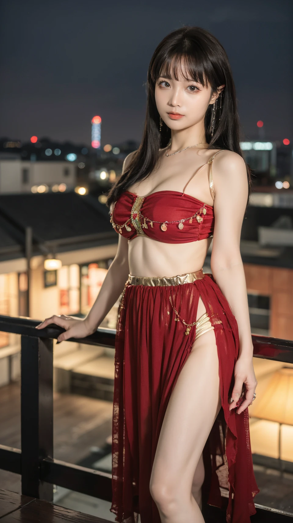 best quality,HDR,UHD,8K,Vivid Colors,solo,photo_(medium),pov,cute & girly,(night:1.4),(looking at viewer:1.5),tokyo \(city\),rooftop,standing,<lora:rc36:0.8>,rc,breasts,jewelry,midriff,red dress,<lora:momo:0.5>,
