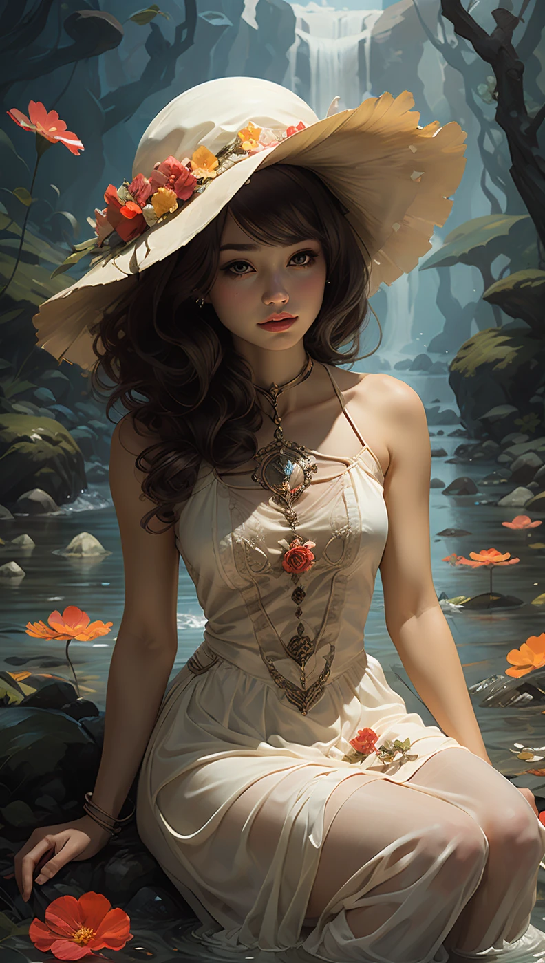 Full Fantasy Flower,<lora:Full Fantasy Flower Flower s wedding dress_20231227014032-000008:0.7>,holding flowers in hand,flower sea,fiora_ariete,creek,hat,(hue saturation:1.3),sitting,