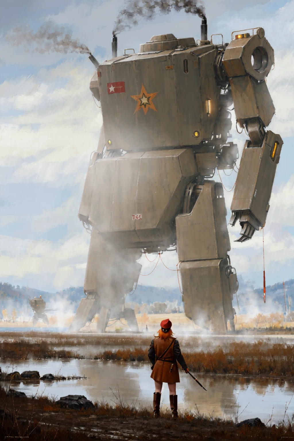 (masterpiece, best quality:1.2),intricate details <lora:JakubRozalskistyleV1:1>JakubRozalskistyle, 1girl, solo, hat, holding, standing, weapon, boots, from behind, holding weapon, orange hair, gun, military, glowing, robot, mecha, rifle, science fiction, (foggy:1.2)