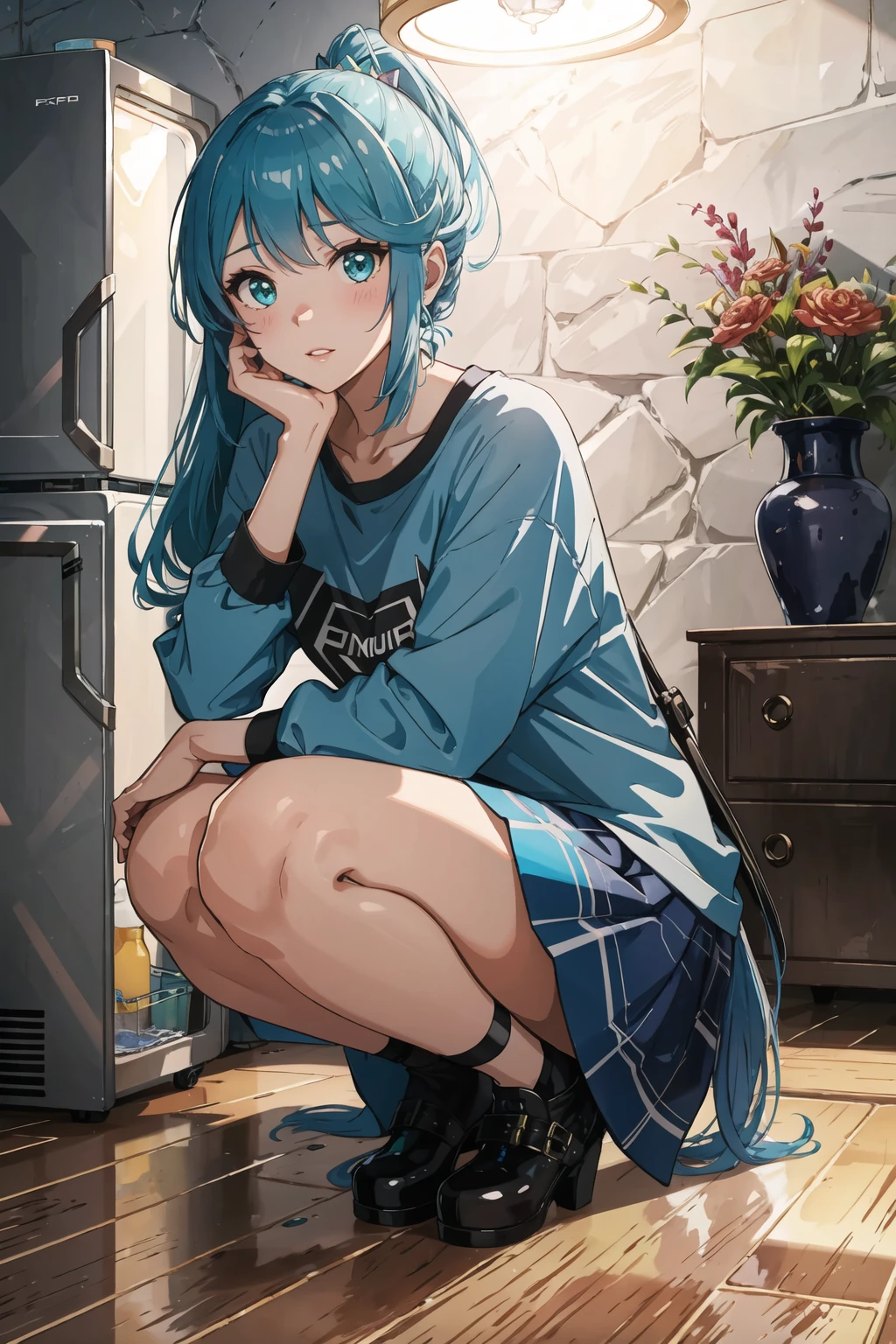 masterpice, best quality, (absurdres), subsurface scattering, 1girl, solo, EPxbcPneuma, <lora:EPxbcPneuma:0.7>, (beautiful face), (looking at viewer:1.1), full lips,
BREAK
(embarrassed, full face blush), detailed background, artistic lighting,
BREAK
T-Shirt Design: Floral Delight, sitting, magical wizard's tower, mattress,mind-reading device,refrigerator, cork flooring,quartzite stone,tapestry with slit soumak tapestry, track lighting, recessed lighting,fantasy, sfw, sharp focus,