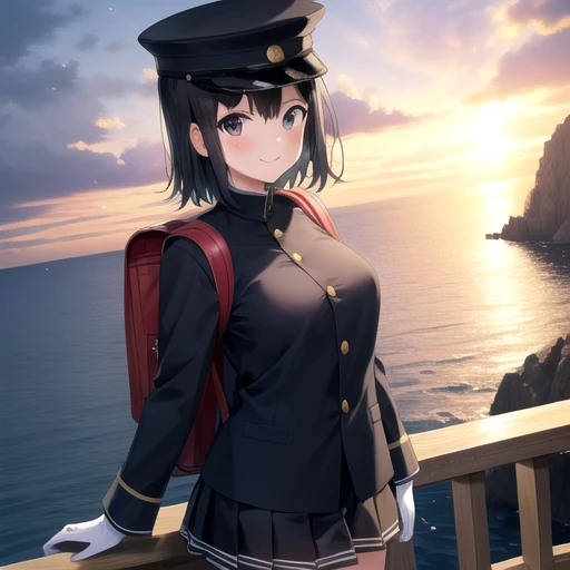 ((masterpiece)),(best quality),official art,extremely detailed CG,unity 8k wallpaper,ultra detailed,A lighthouse on a cliff by the sea,1girl,solo,cowboy shot,looking at viewer,hat,black_hair,short_hair,white_gloves,large_breasts,military_uniform,black_eyes,black_thighhighs,peaked_cap,smile,blush,backpack,pleated_skirt,<lora:Akitsu Maru(kan)>,