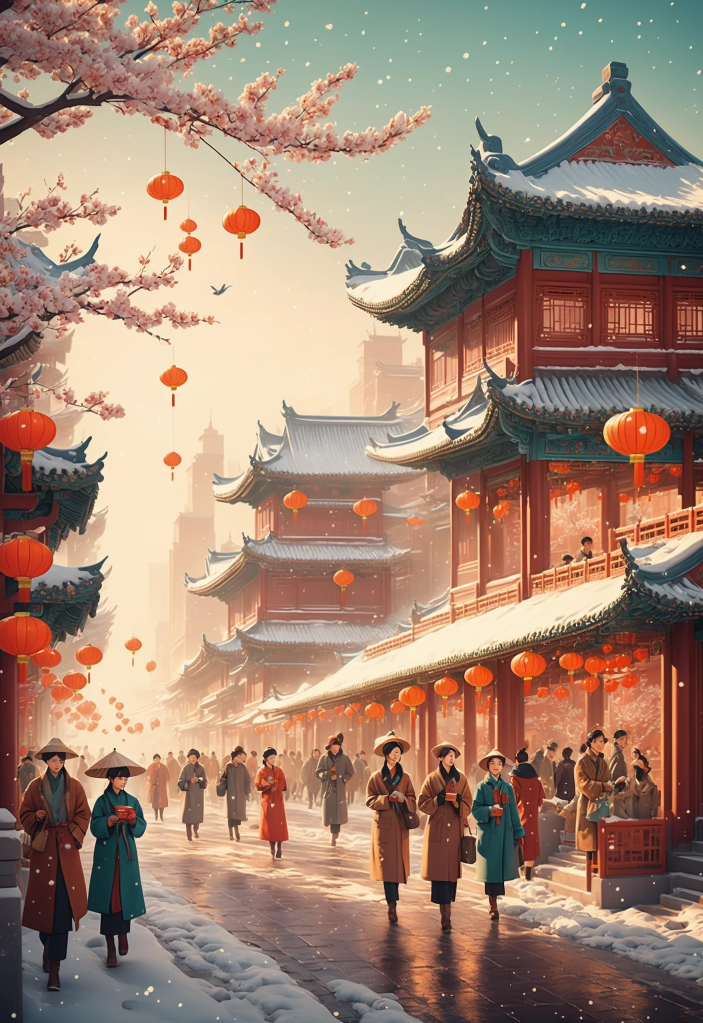 best quality,official art,8k wallpaper,highly detailed,illustration,rich  detailed,xinnian\(guochao\),Spring Festival, elegant color tone style, snowfall, retro architecture streets, pedestrians, rich details, <lora:xinnian_v4-000002:0.4>