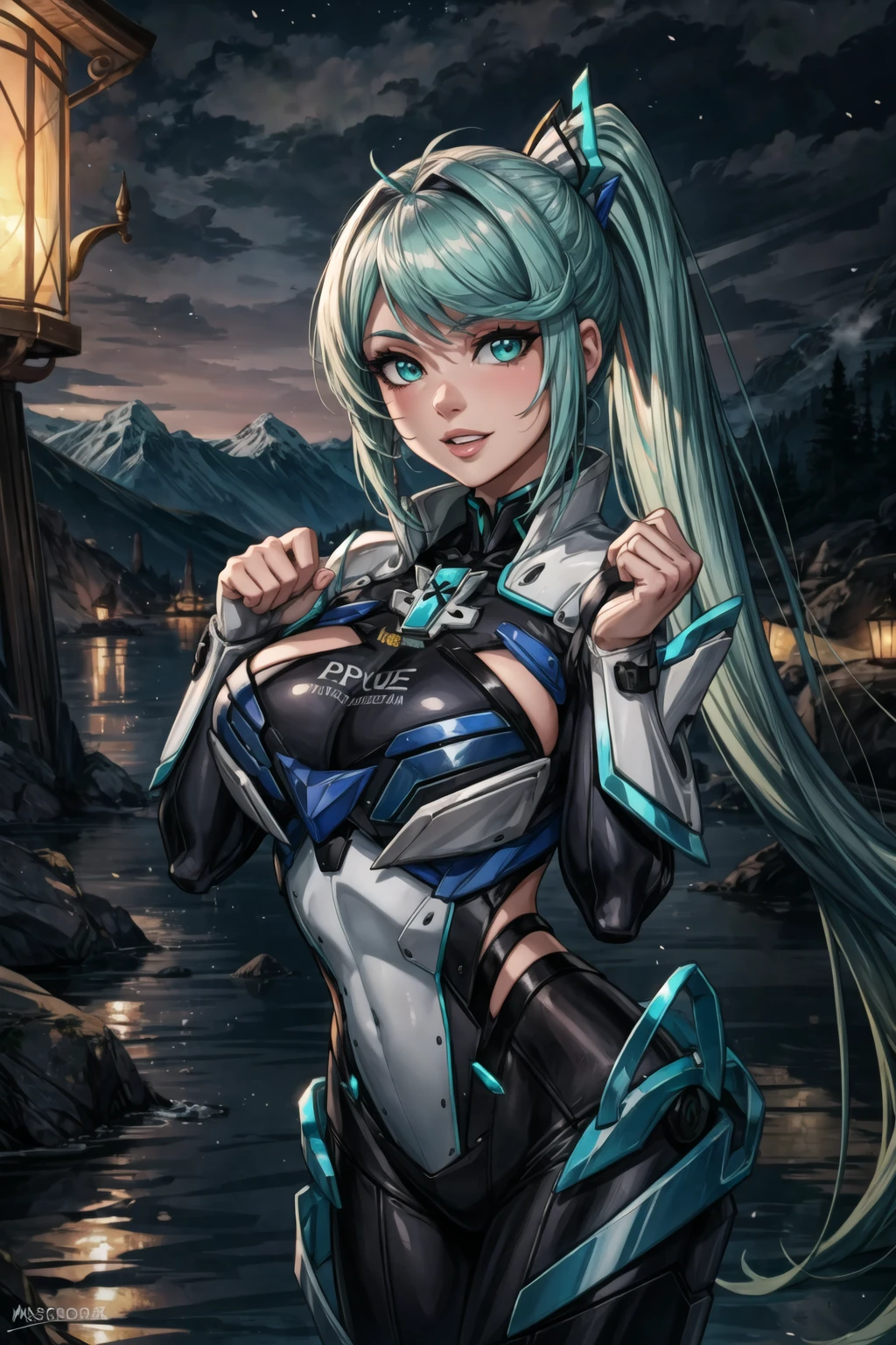 masterpice, best quality, (absurdres), subsurface scattering, 1girl, solo, EPxbcPneuma, <lora:EPxbcPneuma:0.7>, (beautiful face), (looking at viewer:1.1), full lips, green_hair, long_hair, large_breasts,
BREAK
detailed background, artistic lighting,
BREAK
straight-on, mountain, evening, paw pose, giggling