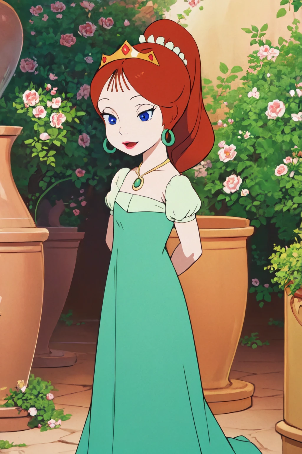 portrait, sharp focus, soft lighting, illustration, garden, depth of field, camille1, 1girl, solo, red hair, blue eyes, earrings, necklace, ponytail, tiara, green dress, pink lips, lipstick, arms behind back, full body, long dress, <lora:asanagi:0.35> <lora:camille1-000003:0.75>