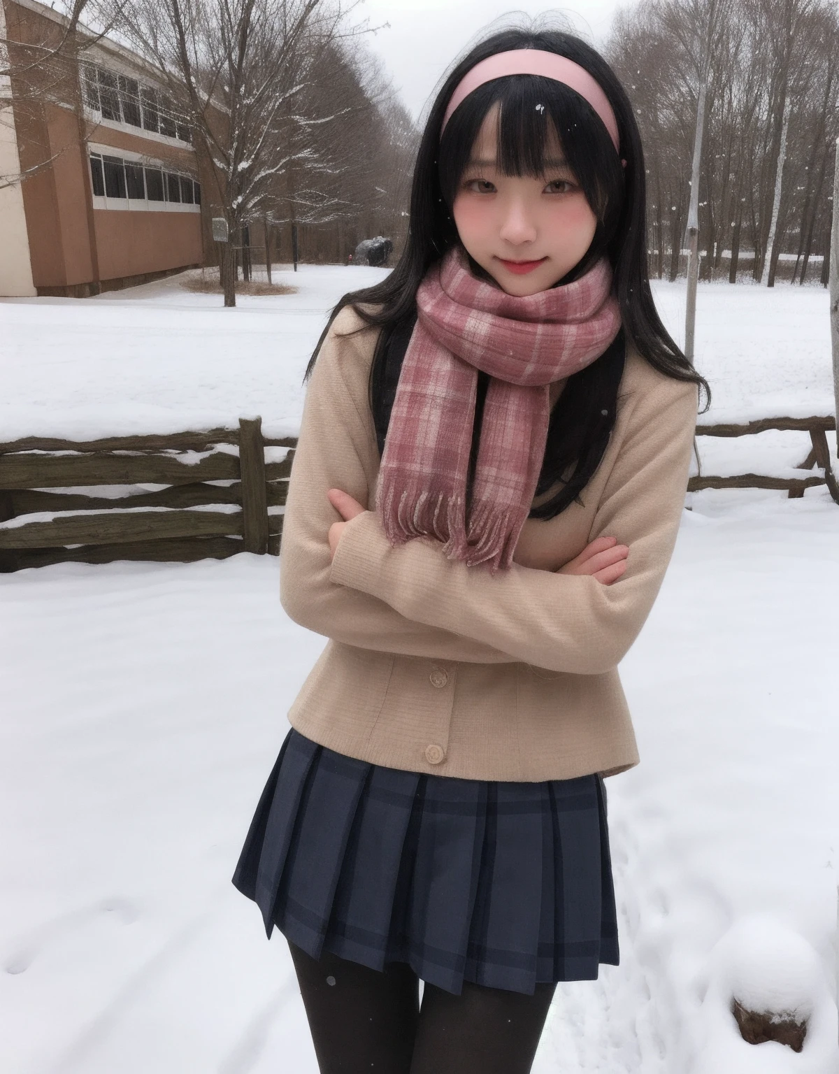 1girl, high quality, masterpiece, cowboy shot, pantyhose, school uniform, looking at viewer, standing, thin, hairband scarf, (blush),(lip biting), outdoors, snowing, hairband,
<lora:9uri__v1-000005:0.65>