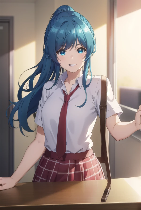 minaminanami, <lora:minami nanami s1-lora-nochekaiser:1>,
minami nanami, long hair, blue eyes, blue hair, ponytail, sidelocks, smile, grin,
BREAK skirt, shirt, school uniform, white shirt, short sleeves, necktie, plaid, plaid skirt, red necktie, brown skirt,
BREAK indoors, classroom,
BREAK looking at viewer,
BREAK <lyco:GoodHands-beta2:1>, (masterpiece:1.2), best quality, high resolution, unity 8k wallpaper, (illustration:0.8), (beautiful detailed eyes:1.6), extremely detailed face, perfect lighting, extremely detailed CG, (perfect hands, perfect anatomy),