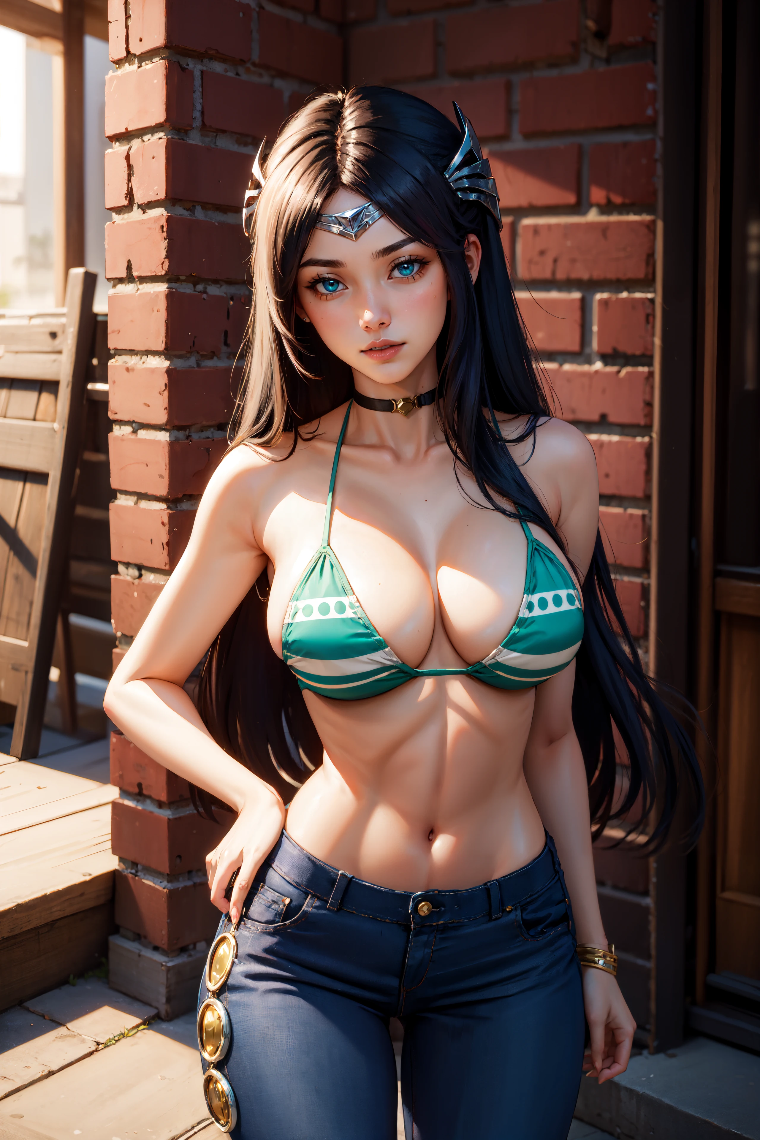 (masterpiece, best quality:1.2), intricate details, <lora:GoodHands-beta2:1>, <lora:lol_irelia1.2-000008:0.8>, irelia, 1girl, forehead protector, hair ornament, <lora:op_nami_cosplay-000010:0.8>, nami cosplay, 1girl, bikini, jeans