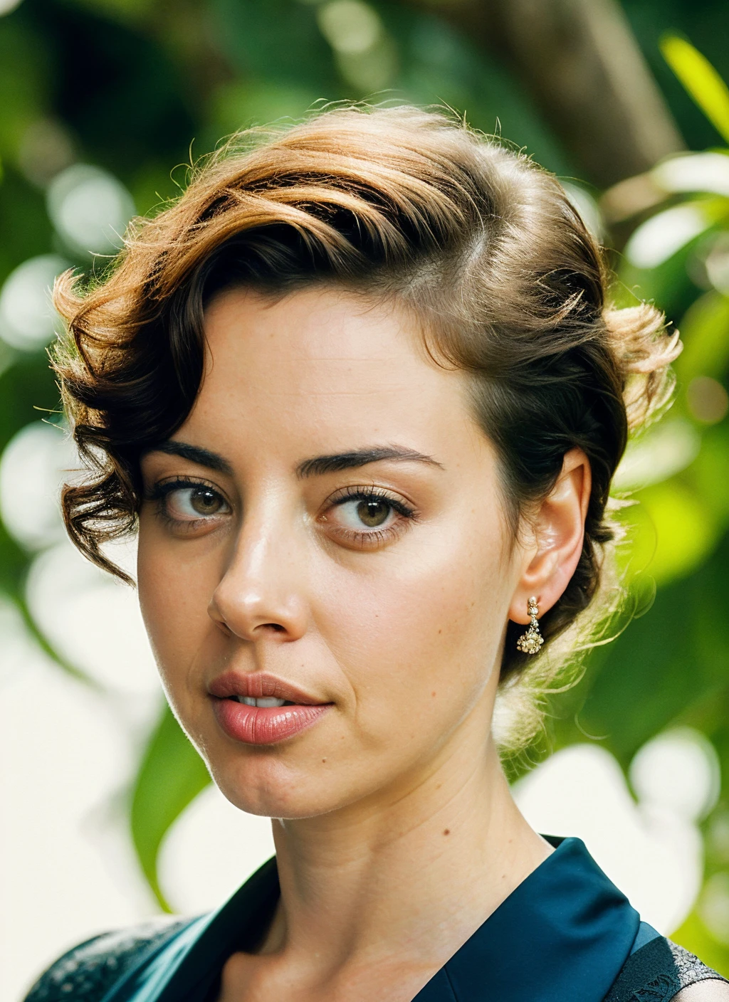 portrait of aubreyplaza-ti by Flora Borsi, style by Flora Borsi, bold, bright colours,  intricate haircut, ((Flora Borsi)), natural lighting, by Dominique Issermann