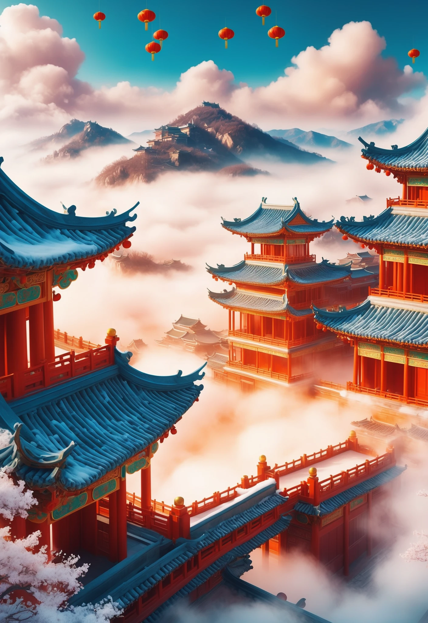 best quality, official art, 8k wallpaper, highly detailed, illustration, detailed eyes,xinnian\(guochao\),Spring Festival, retro color scheme, close-up of ancient architecture in winter, shrouded in clouds and mist, composition from above, perspective from afar, swirling sky, rich detailsï¼ <lora:xinnian_v4-000002:0.4>