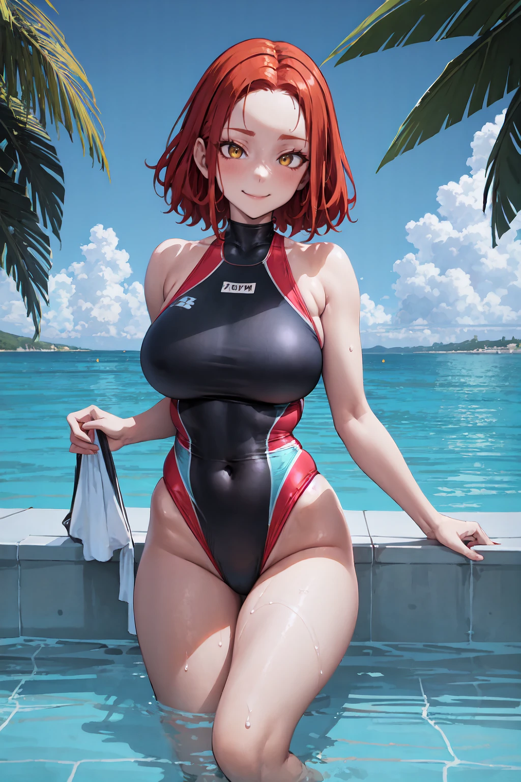 IncrsLunarPrincessRanni, <lora:LunarPrincessRanni:1>, red hair, seductive smile, forehead, highleg, highleg swimsuit, swimsuit, one-piece, (black one-piece swimsuit)
