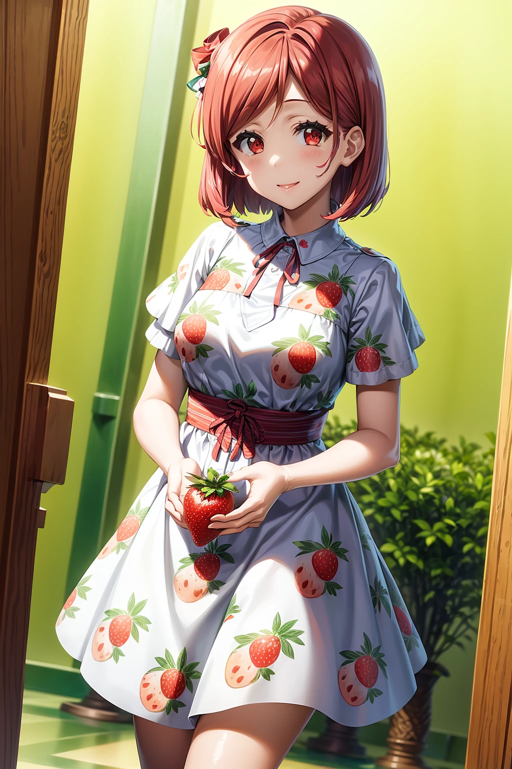 best quality, 1girl, solo, short hair, bangs, brown eyes, red hair, (bow, dress, floral print, food print, print dress, red bow, red flower, ribbon, solo, strawberry print, white dress:1.1), ariadoa_aria, smile, look at viewer
