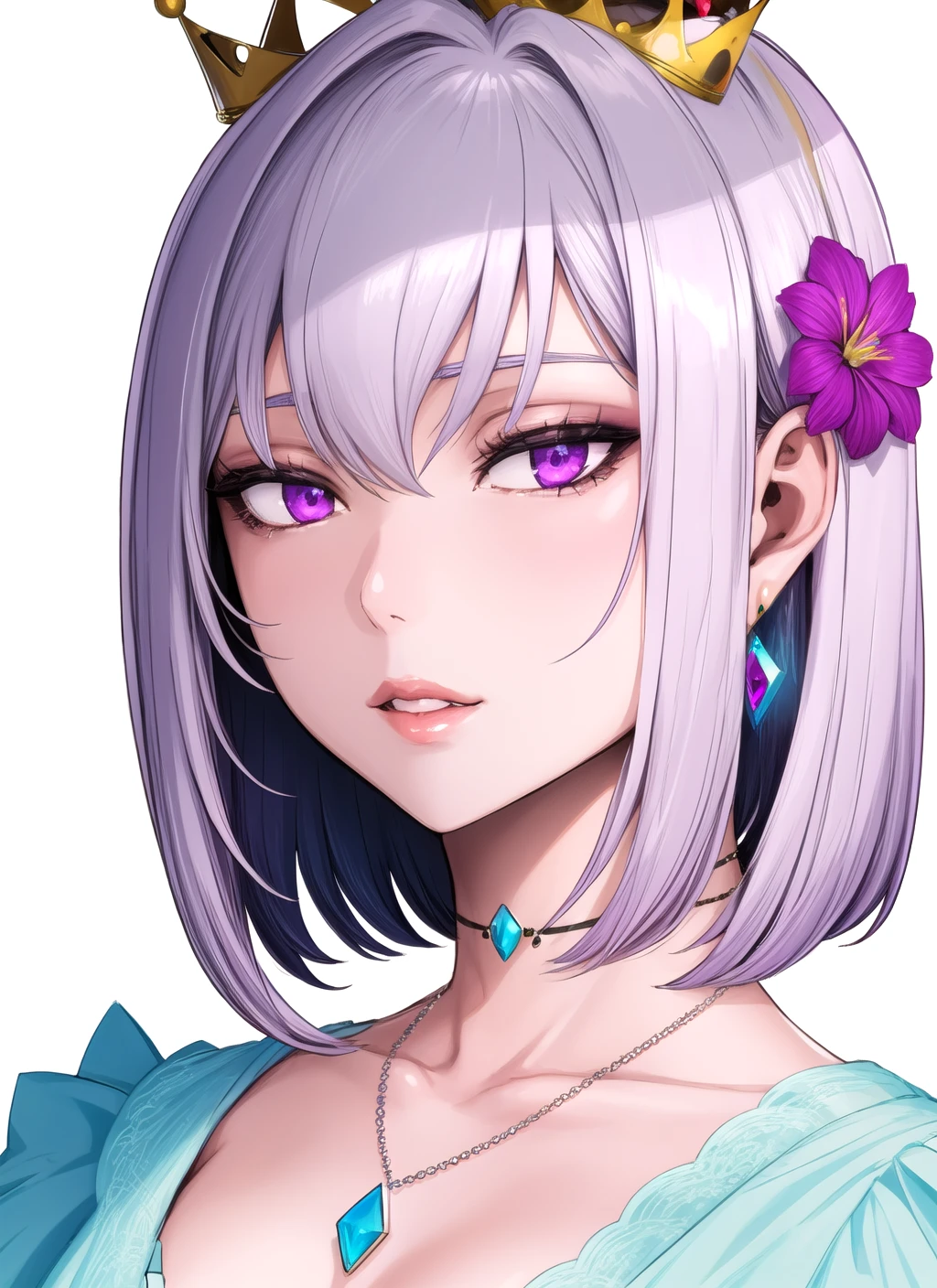 1girl, solo, short_hair, bangs, jewelry, purple_eyes, flower, white_hair, earrings, parted_lips, necklace, crown, gem, portrait, white background <lora:FeiMaidoll:0.7>