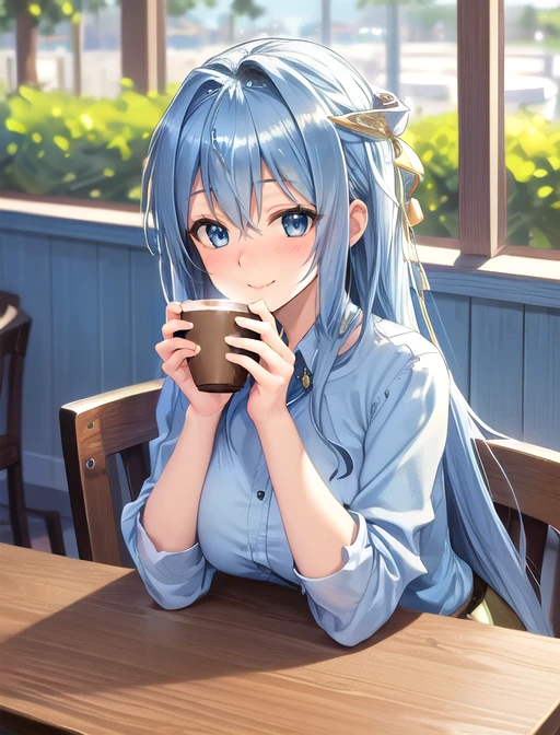 best quality, masterpiece, highres, highly detailed, (blue hair, long hair, mature female, blue eyes, [medium breasts: large breasts: 0.7], CoralVG, <lora:Character - CoralVG-6:0.8>), digital artwork, <lora:Tools - add_detail:0.2>, cafe, happy, blush, blue shirt, coffee, upper body, hair ornament, smile, gold jewelry, 1girl,