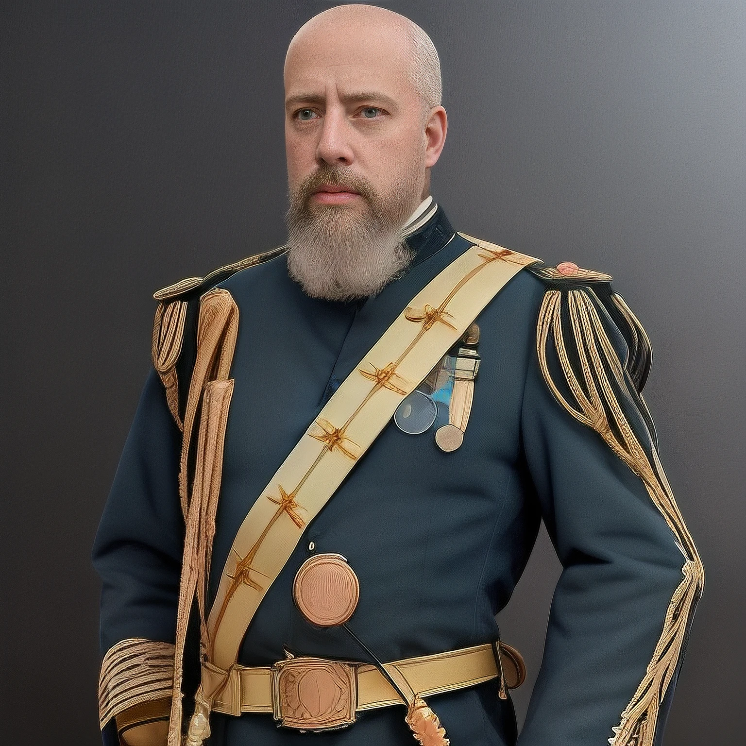 <lora:roca:0.95> 1 man, (blue eyes) ,semi-bald,hd,sharpen edge,white beard, upperbody,(argentine military suit with gold details and medals:1.4),in battle field, stormy day, cloudy sky, rim lighting, looking at camera, texture skiin, octane render,professional photographer,4k <lora:lcm-lora-sdv1-5:1>,40years old, high contrast,film grain,kodak