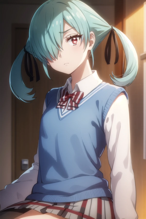 noatakigawa, <lora:noa takigawa s1-lora-nochekaiser:1>,
noa takigawa, (red eyes:1.3), twintails, blue hair, (hair over one eye:1.5),
BREAK shirt, thighhighs, bow, school uniform, pleated skirt, bowtie, zettai ryouiki, plaid, plaid skirt, sweater vest,
BREAK indoors, classroom,
BREAK looking at viewer,
BREAK <lyco:GoodHands-beta2:1>, (masterpiece:1.2), best quality, high resolution, unity 8k wallpaper, (illustration:0.8), (beautiful detailed eyes:1.6), extremely detailed face, perfect lighting, extremely detailed CG, (perfect hands, perfect anatomy),