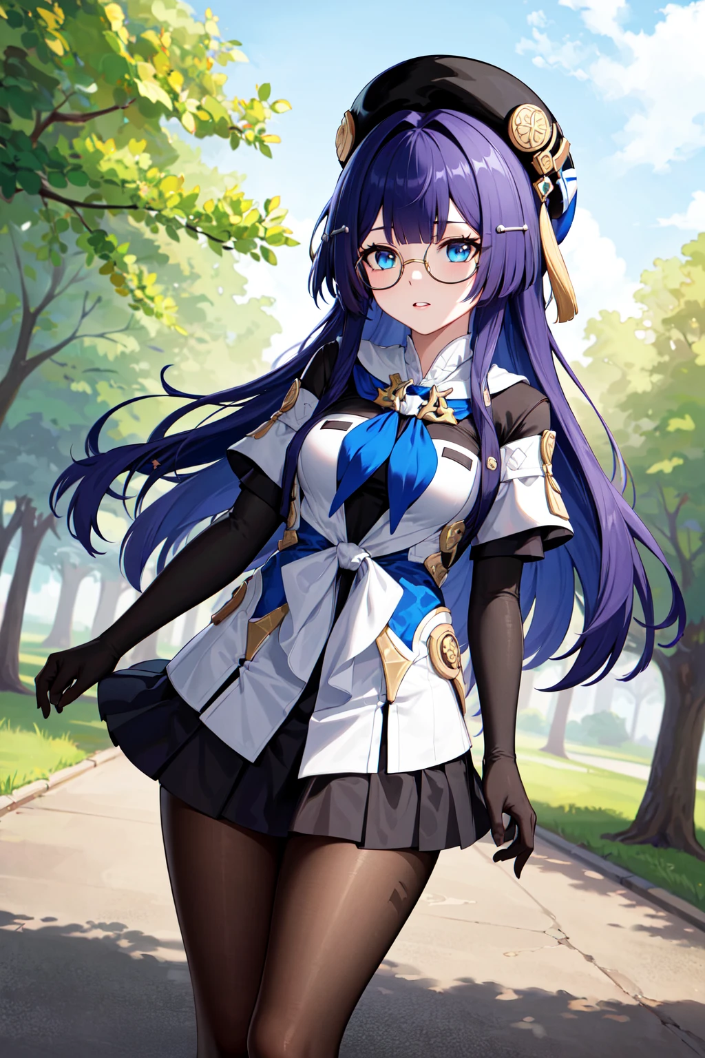 masterpiece, best quality, highres, aapela, long hair, hat, black headwear, hair ornament, glasses, blue neckerchief, dress, elbow gloves, black gloves, pleated skirt, black skirt, black pantyhose, <lora:pela_v1:0.7>, standing, cowboy shot, outdoors,