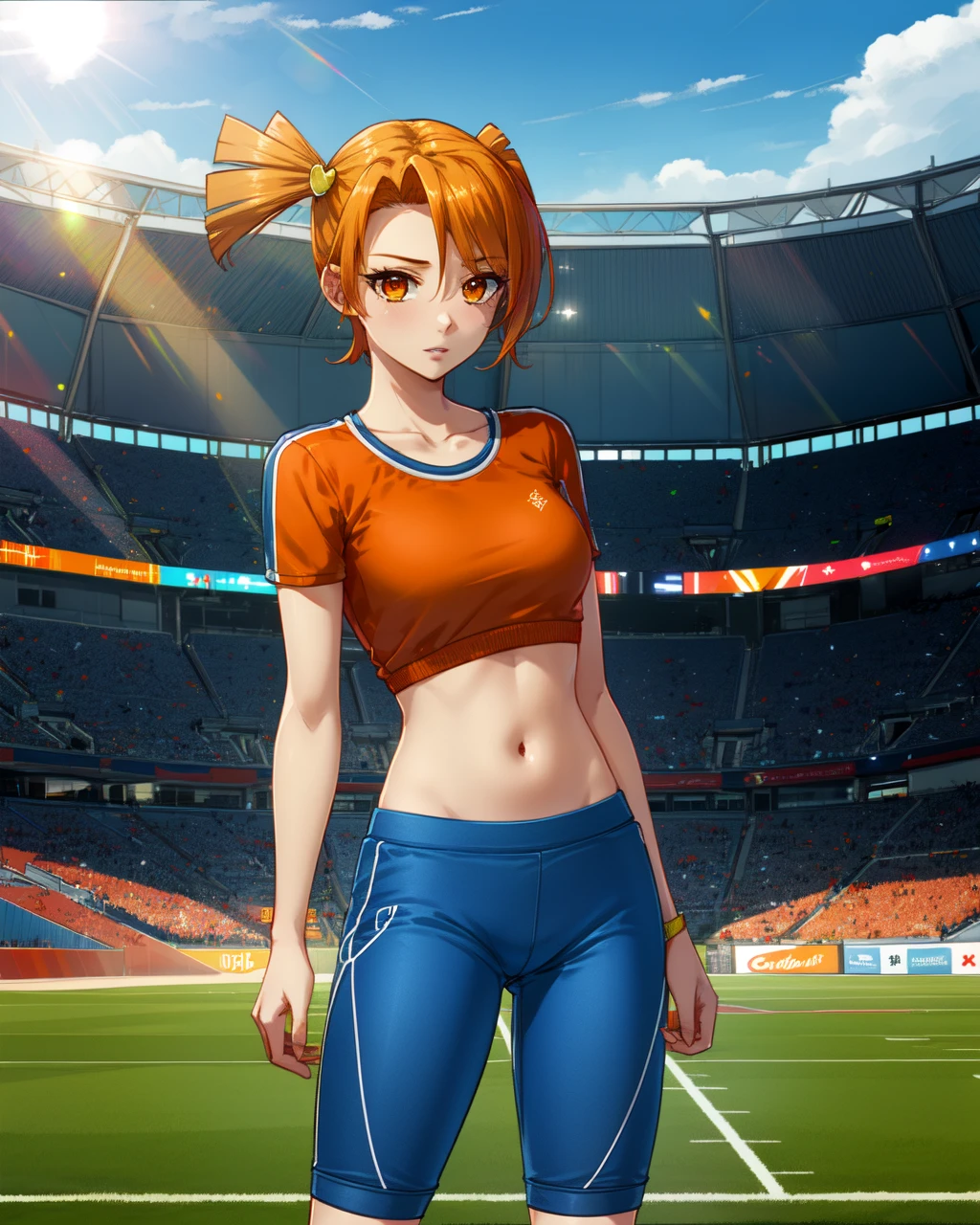 masterpiece, high quality, blalisa, 1girl, cowboy shot, dynamic shot, orange eyes, orange hair, short twintail, orange t-shirt, blue sport pants, yellow hairpin, outdoors, stadium, sunglare, <lora:blalisa-000006:0.75>, <lora:add_detail:0.5>