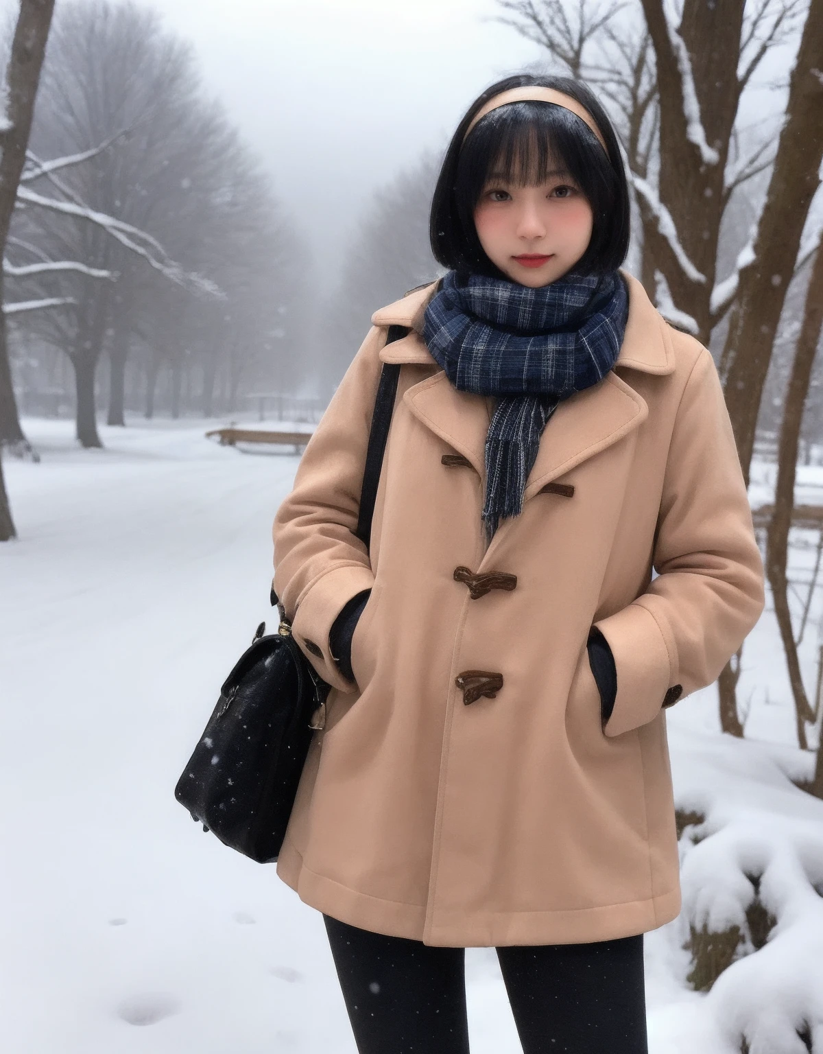 1girl, high quality, masterpiece, cowboy shot, pantyhose, school uniform, looking at viewer, standing,  thin, hairband scarf, (blush),(lip biting), outdoors, snowing, hairband,  hands in pocket, expressionless, parted lips, handbag,
 <lora:9uri__v1-000005:0.65>