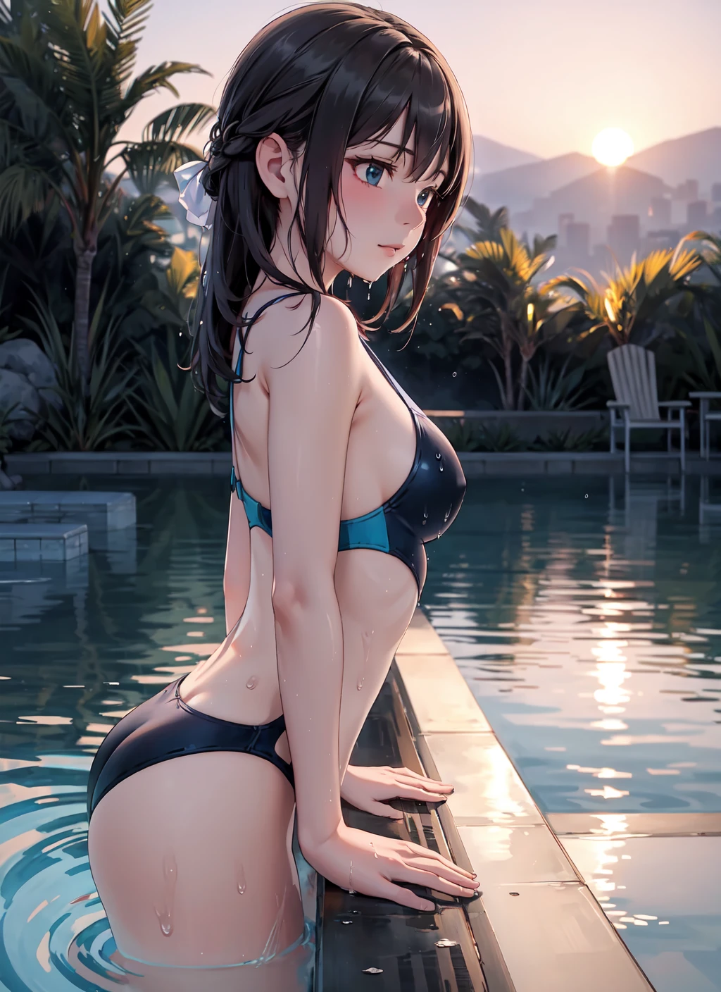 poolside, partially submerged, swimsuit,  soaking wet, outdoors, from side, sunset, twilight, dawn, <lora:poolside_v1.5:1>