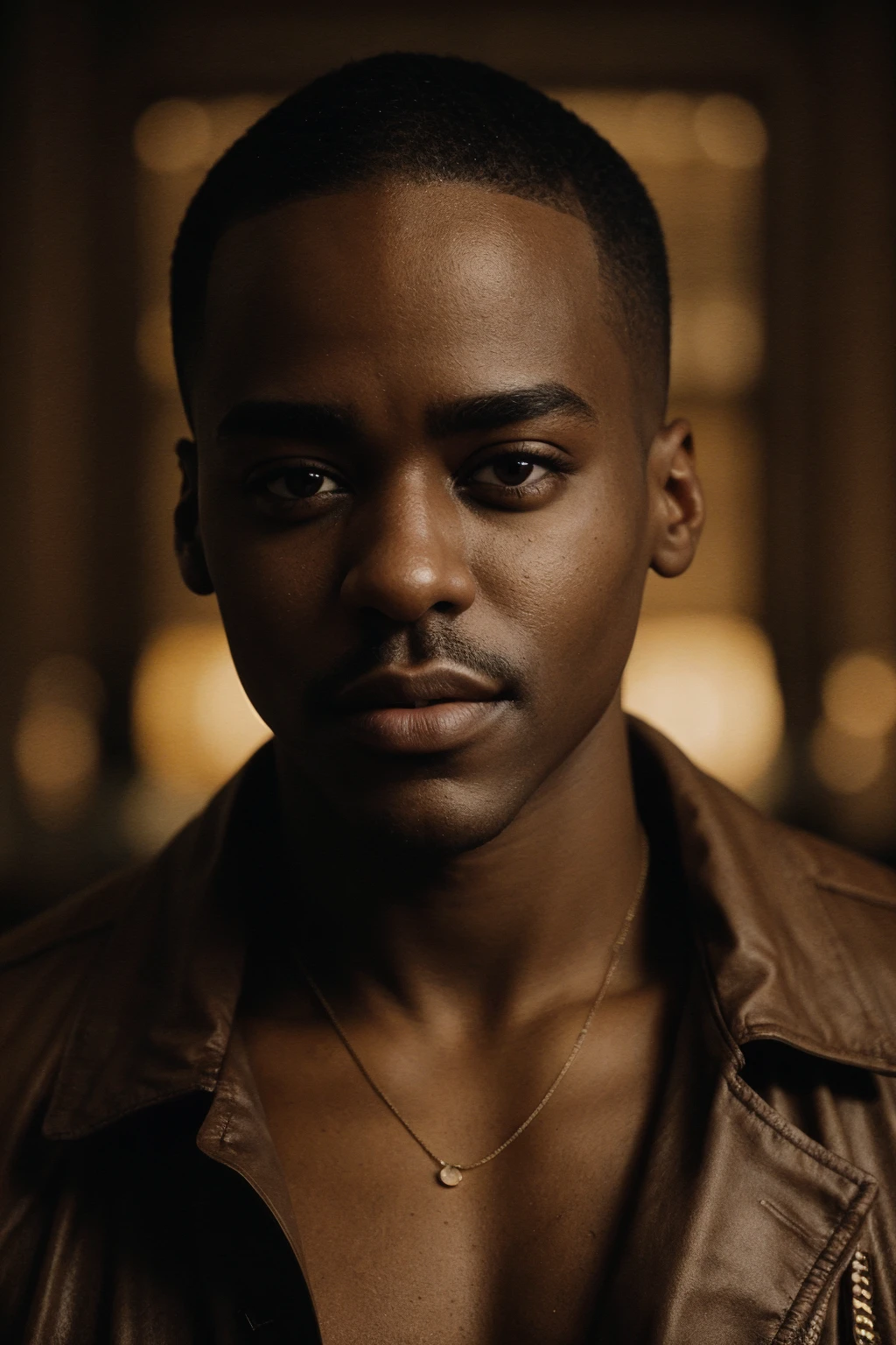 head and shoulders portrait of man ncut1g, natural skin texture, 24mm, 4k textures, soft cinematic light, hdr, intricate, elegant, highly detailed, sharp focus, cinematic, soothing tones, insane details, intricate details, hyperdetailed, exposure blend, wearing leather jacket, shirtless, indoors  <lora:diffusiondudes_NcutiGatwa_V1-08:0.8>