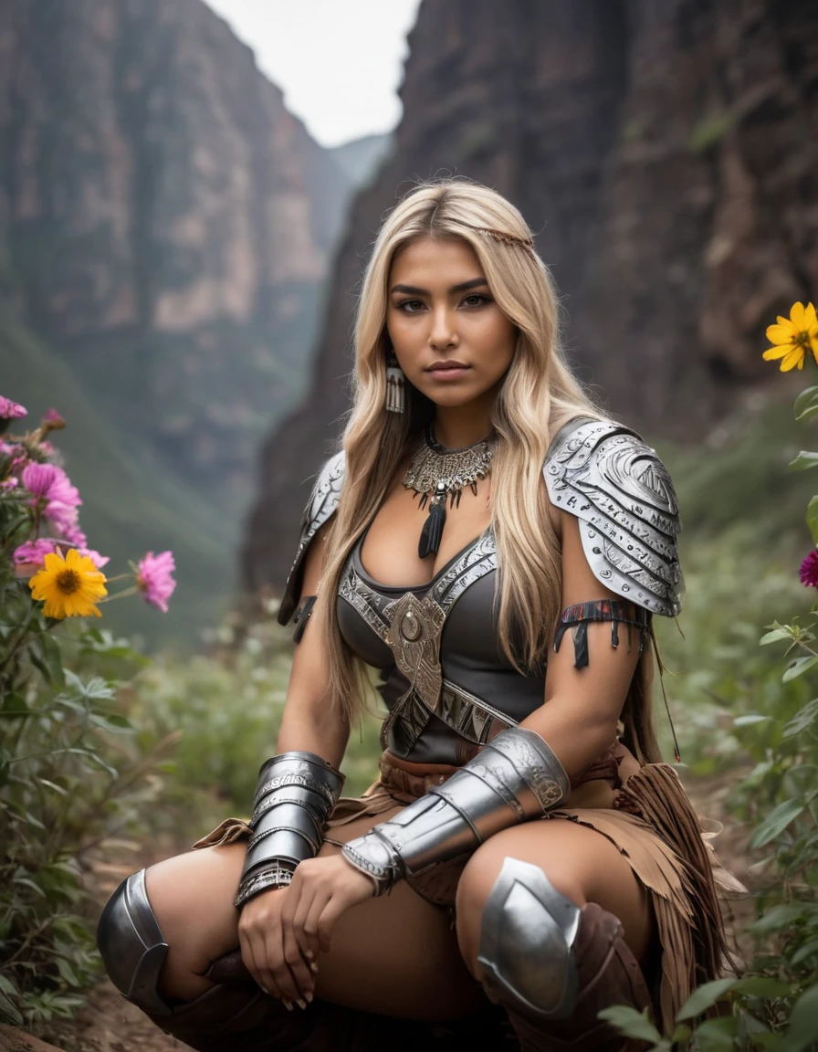(close shot, zoomed in face portrait:1.3) (native american myth style:1.5) photo of a smirking, (closed mouth:1.5) shy petite young 29 year old (Saudi:1.3) woman with long natural flowing blonde hair, dark grey eyes, (giant breasts:1.3), muscular ass, (perfect hands:1.3).
She is wearing (druid armor and boots:1.1).
She is squatting facing towards camera, in a (dark fantasy:1.3) trail with cliffs and flowers, noon, clear.
detailed skin texture, detailed cloth texture, detailed face, (intricate sharp details:1.5), ultra high res