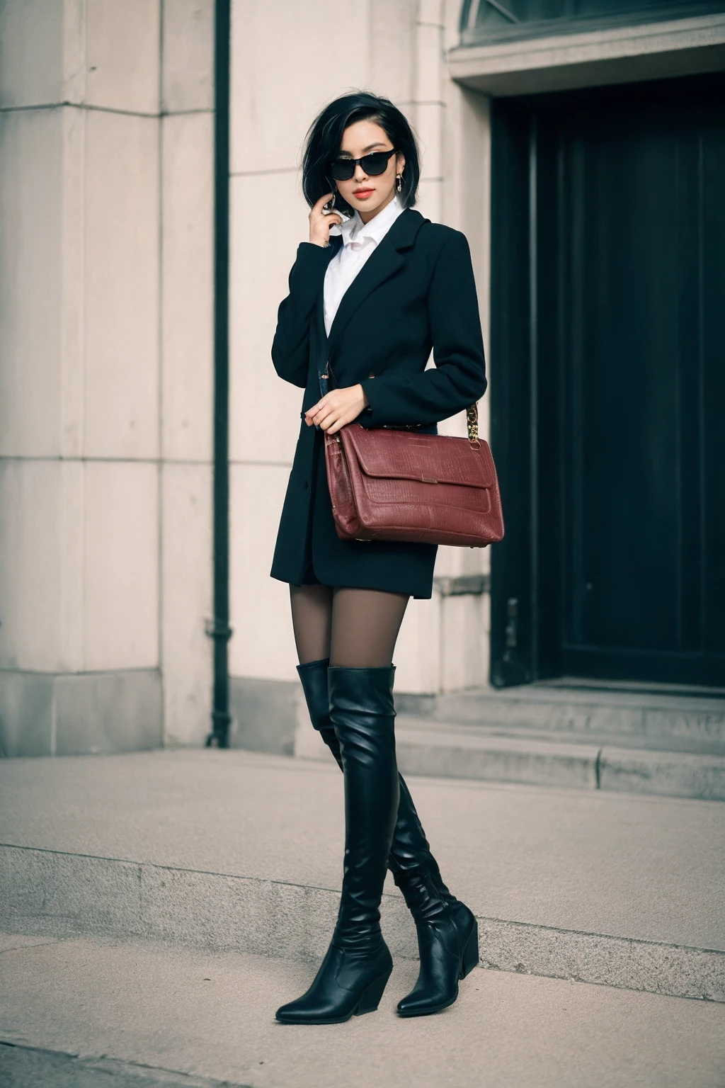 (full body:1.3),(Cinematic Aesthetic:1.4),bokeh,Photo of a beautiful korean fashion model,short hair,bob cut,1girl,solo,pantyhose,fujifilm,film grain,<lora:ZCBRealisticV2-000014:1:lbw=FUZU>,zaracbb,thigh boots,leather boots,eyewear on head,handbag,jewelry,black hair,bag,earrings,sunglasses,looking at viewer,holding bag,holding,cinematic angle,