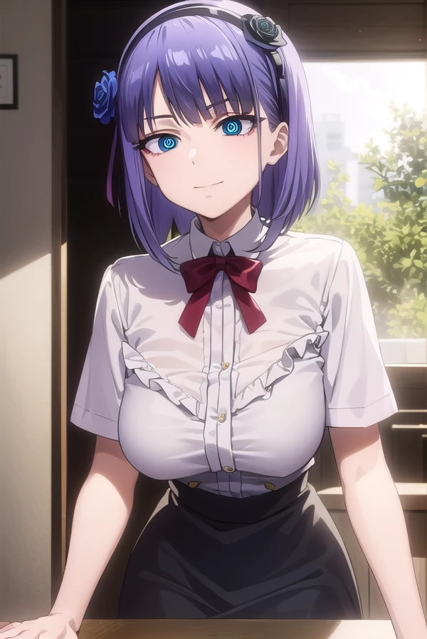 hotarushidare, <lora:hotaru shidare s2-lora-nochekaiser:1>,
hotaru shidare, short hair, blue eyes, hair ornament, purple hair, flower, hairband, hair flower, (ringed eyes:1.5), smile,
BREAK skirt, pantyhose, high heels, black pantyhose, high-waist skirt, shirt, frilled shirt, bowtie, red bowtie, puffy sleeves, short sleeves, white shirt,
BREAK outdoors,
BREAK looking at viewer,
BREAK <lyco:GoodHands-beta2:1>, (masterpiece:1.2), best quality, high resolution, unity 8k wallpaper, (illustration:0.8), (beautiful detailed eyes:1.6), extremely detailed face, perfect lighting, extremely detailed CG, (perfect hands, perfect anatomy),
