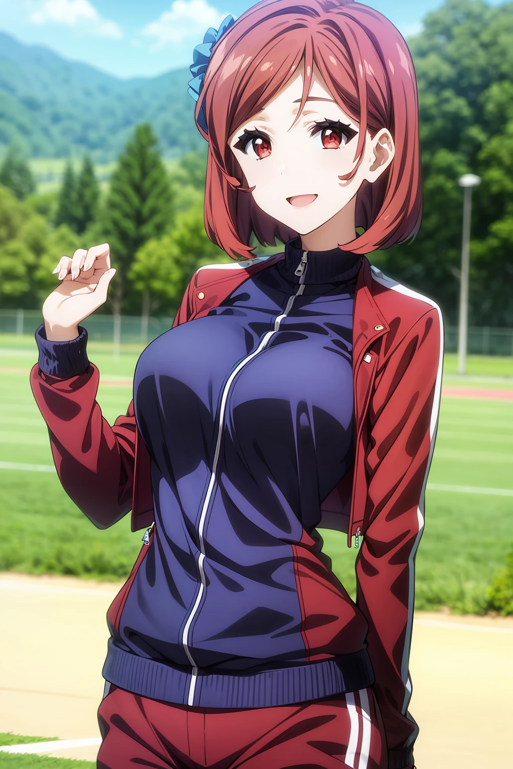 best quality, 1girl, solo, short hair, bangs, brown eyes, red hair, ( jacket, long sleeves, pants, red jacket, red pants, solo, track suit:1.1), ariadoa_aria, smile, look at viewer