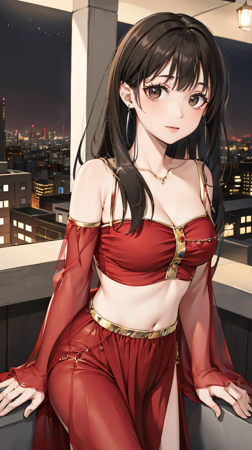 best quality,HDR,UHD,8K,Vivid Colors,solo,photo_(medium),pov,cute & girly,(night:1.4),(looking at viewer:1.5),city lights,rooftop,standing,<lora:rc36:0.8>,rc,breasts,jewelry,midriff,red dress,<lora:momo:0.5>,