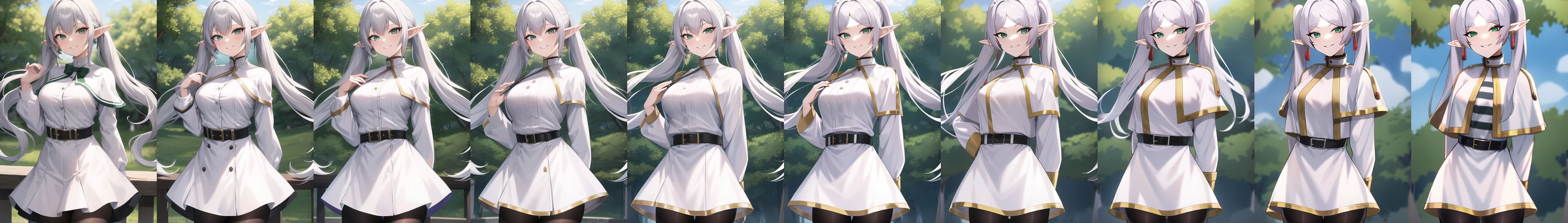 <lora:frieren:0.1>, frieren, 1girl, solo, long hair, breasts, looking at viewer, smile, bangs, long sleeves, dress, twintails, jewelry, green eyes, grey hair, pantyhose, cowboy shot, earrings, outdoors, parted lips, day, pointy ears, striped, belt, white dress, grin, arm up, black pantyhose, capelet, elf, arm behind back, black belt, white capelet