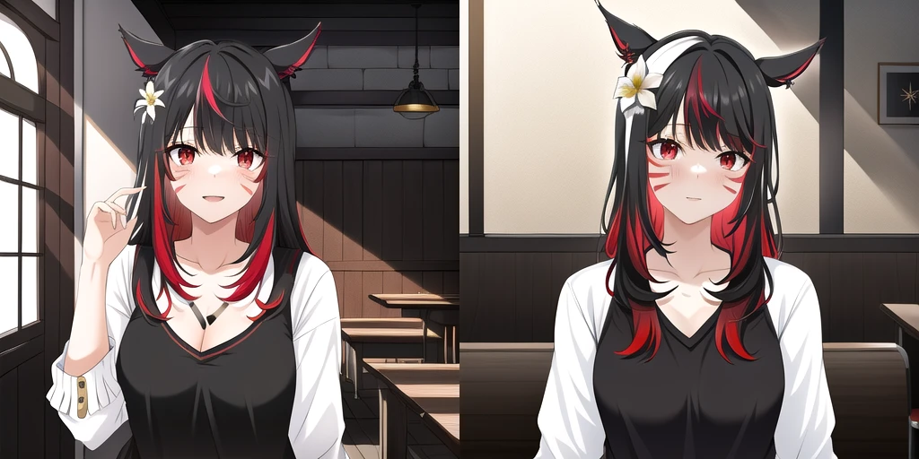1girl, solo, ryn, casual_glam,  tavern, indoors, red eyes, multicolored hair, black hair, (dark red hair gradient), miqo'te,  facial mark, animal ears, cat ears, (head flower:0.8), white flower<lora:Ryn_WoL_4outfits_var2:0.6>